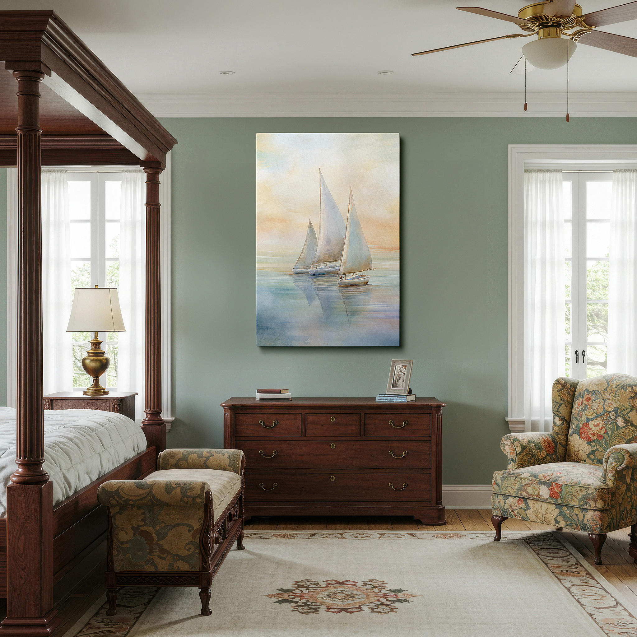 At 60×40 cm, this format fits effortlessly over dressers or benches — serene sailboats at sunset wall art: large canvas featuring gentle breeze and pastel skies, ideal for office, bedroom, or living room decor