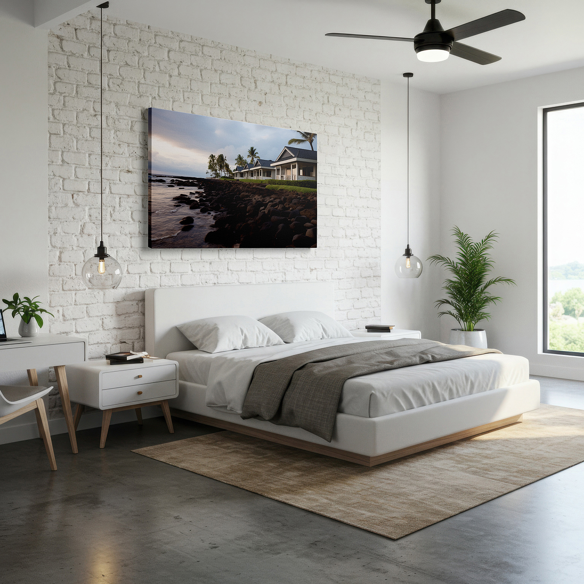 At 60×40 cm, this format fits effortlessly over dressers or benches — serene seaside escape featuring pastel villas and tropical palms - large wall art, canvas wall art, wall decor for office and bedroom