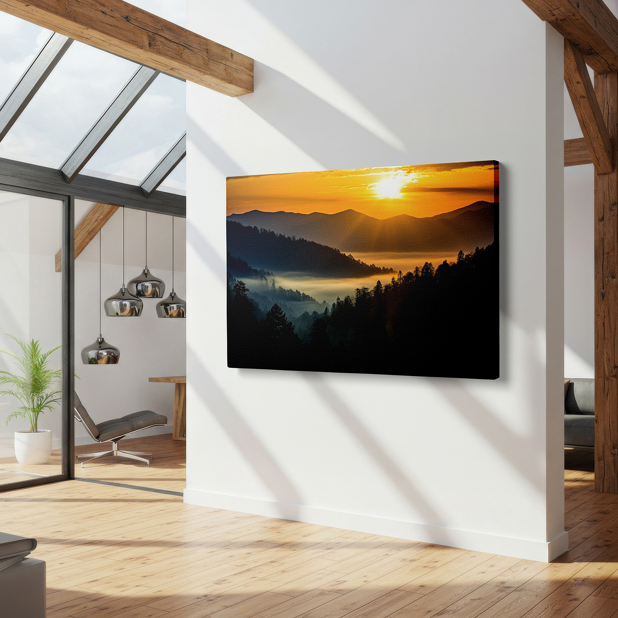 At 60×40 cm, this format fits effortlessly over dressers or benches — serene sunset and misty mountains wall art: tranquil wilderness large canvas for home and office decor, perfect for living room and bedroom