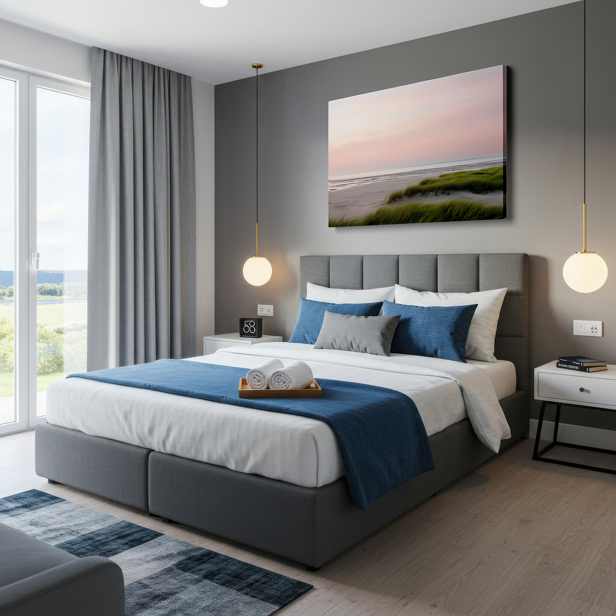 At 60×40 cm, this format fits effortlessly over dressers or benches — serene sunset on a quiet beach with soft pastel skies and gentle green grasses - large wall art, canvas wall art, wall decor for office and bedroom