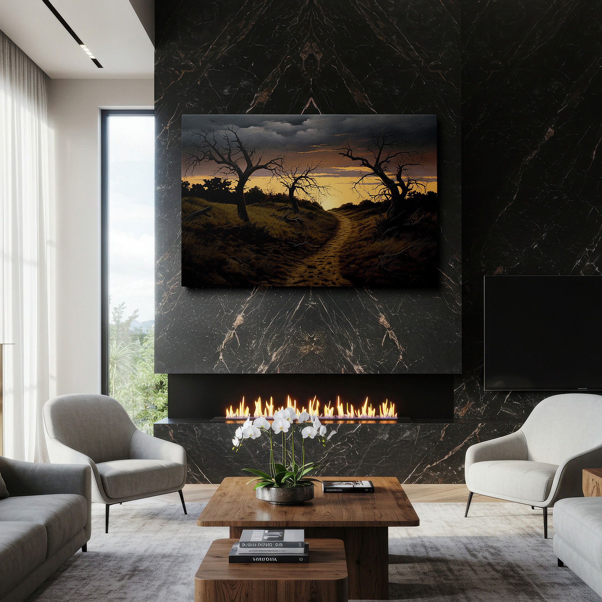 At 60×40 cm, this format fits effortlessly over dressers or benches — serene sunset and silhouetted trees over tranquil landscape with luminous path - large canvas wall art for office and bedroom decor