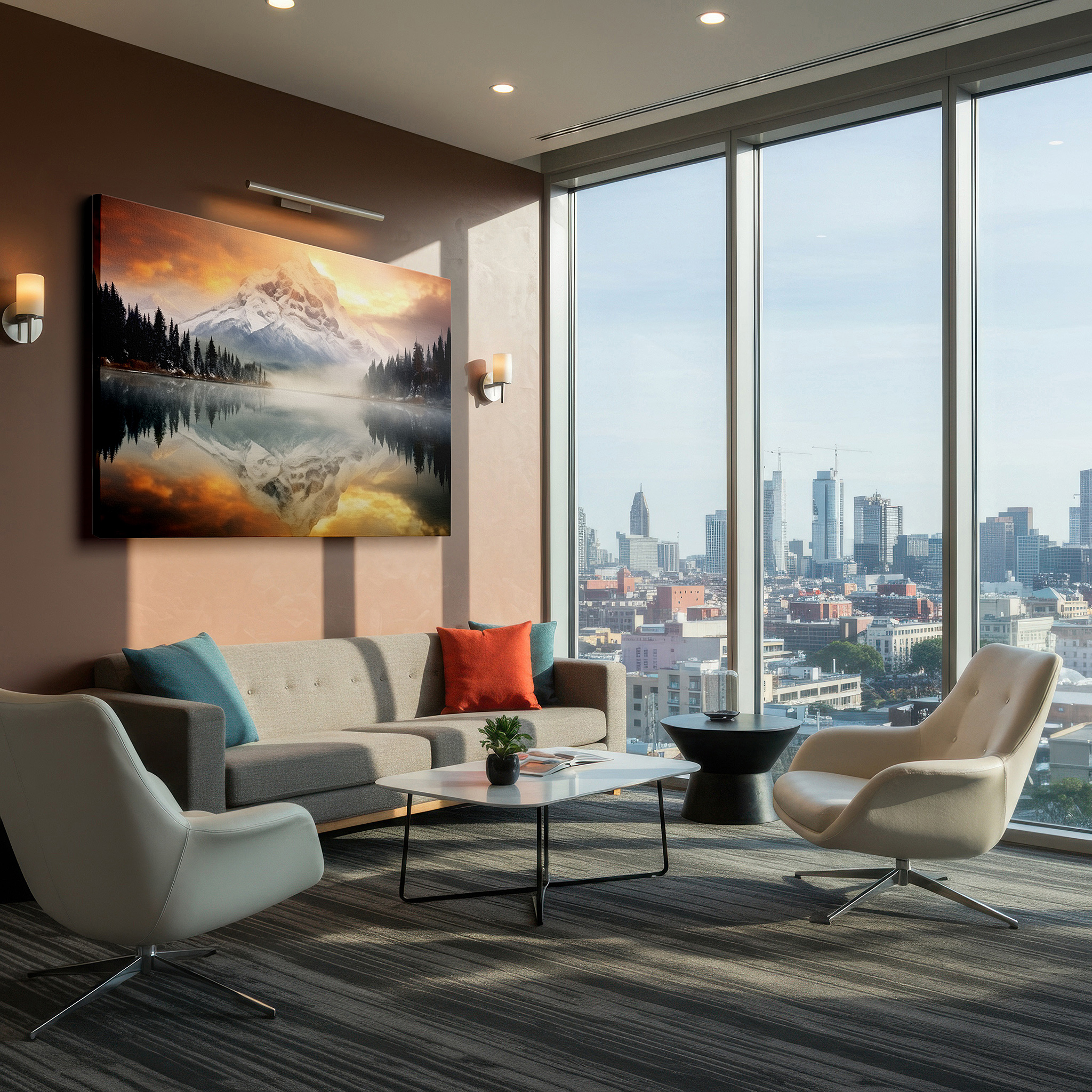 At 60×40 cm, this format fits effortlessly over dressers or benches — serene sunset over snow-capped peaks and reflective lake large wall art, canvas wall art, wall art decor, office wall art, bedroom wall art, living room wall art