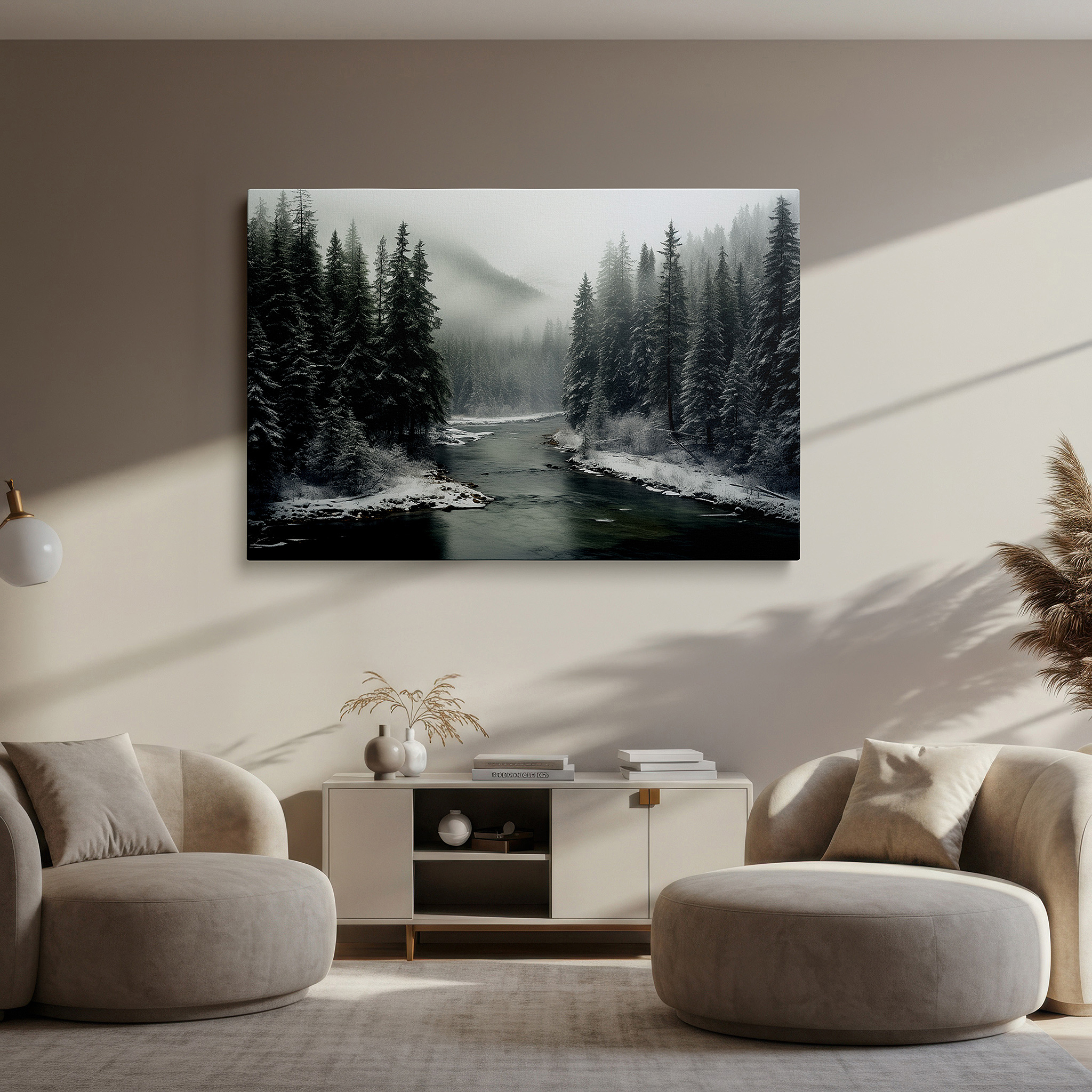 At 60×40 cm, this format fits effortlessly over dressers or benches — serene winter scene with enchanted river and snowy forest large canvas wall art for office and bedroom decor
