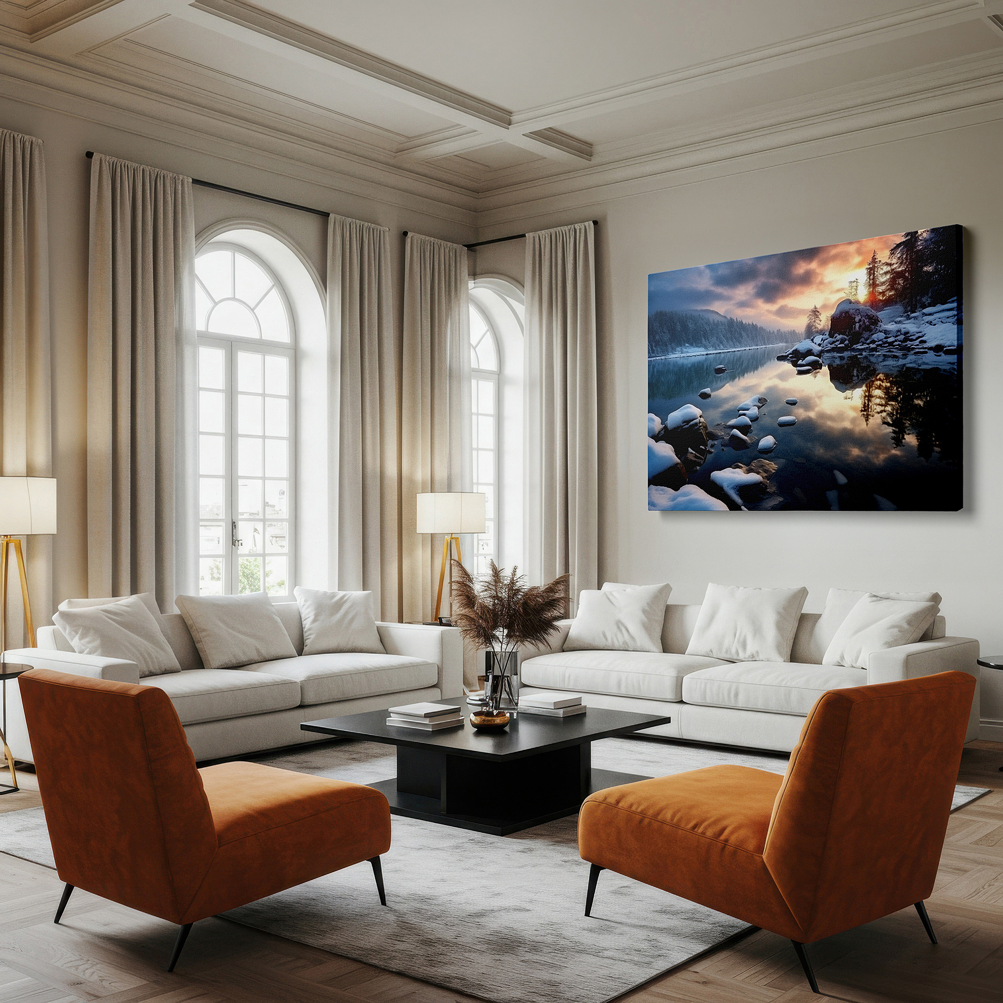 At 60×40 cm, this format fits effortlessly over dressers or benches — serene winter scene with sunset glow and snow-capped river stones - large canvas wall art for office and bedroom decor