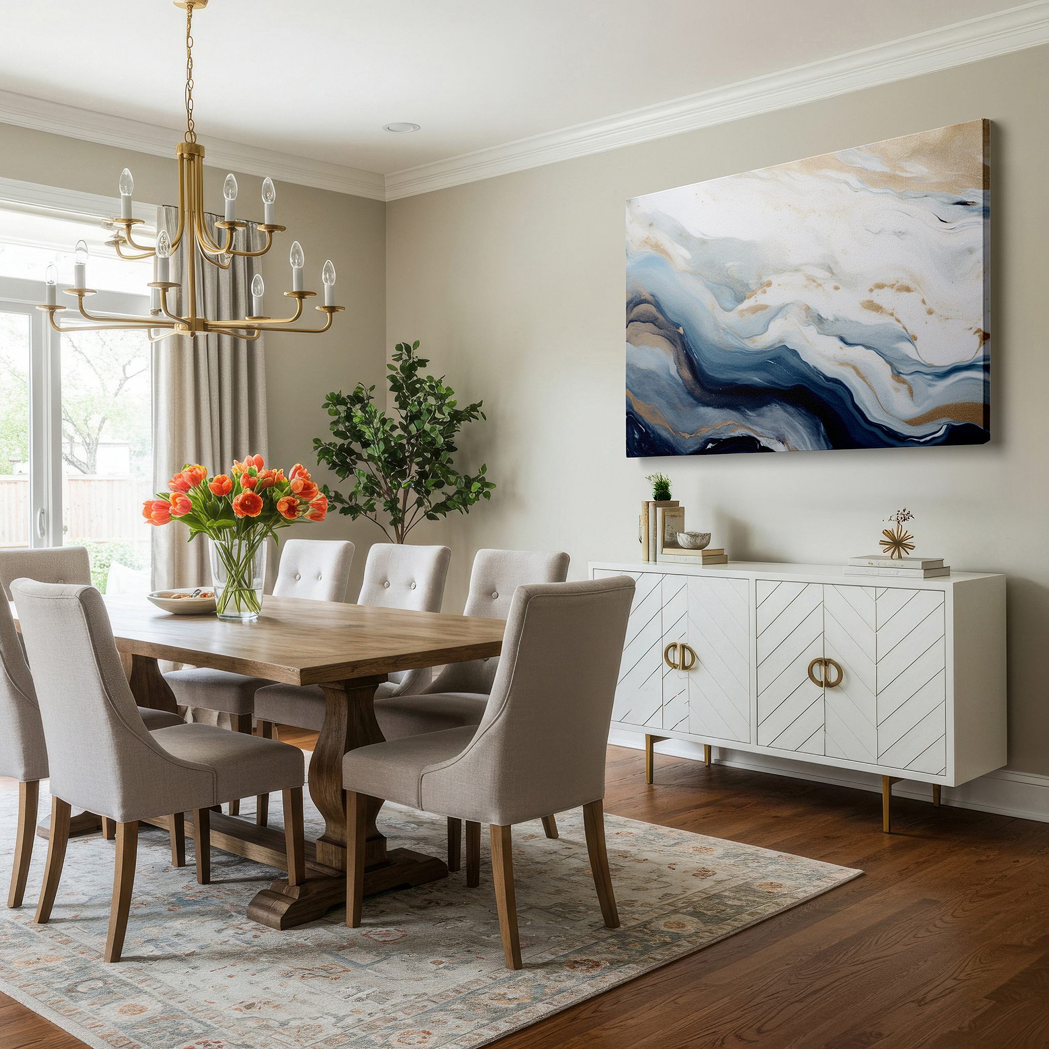 At 60×40 cm, this format fits effortlessly over dressers or benches — serenity and sophistication: ethereal blues with golden accents - large wall art for office and bedroom decor