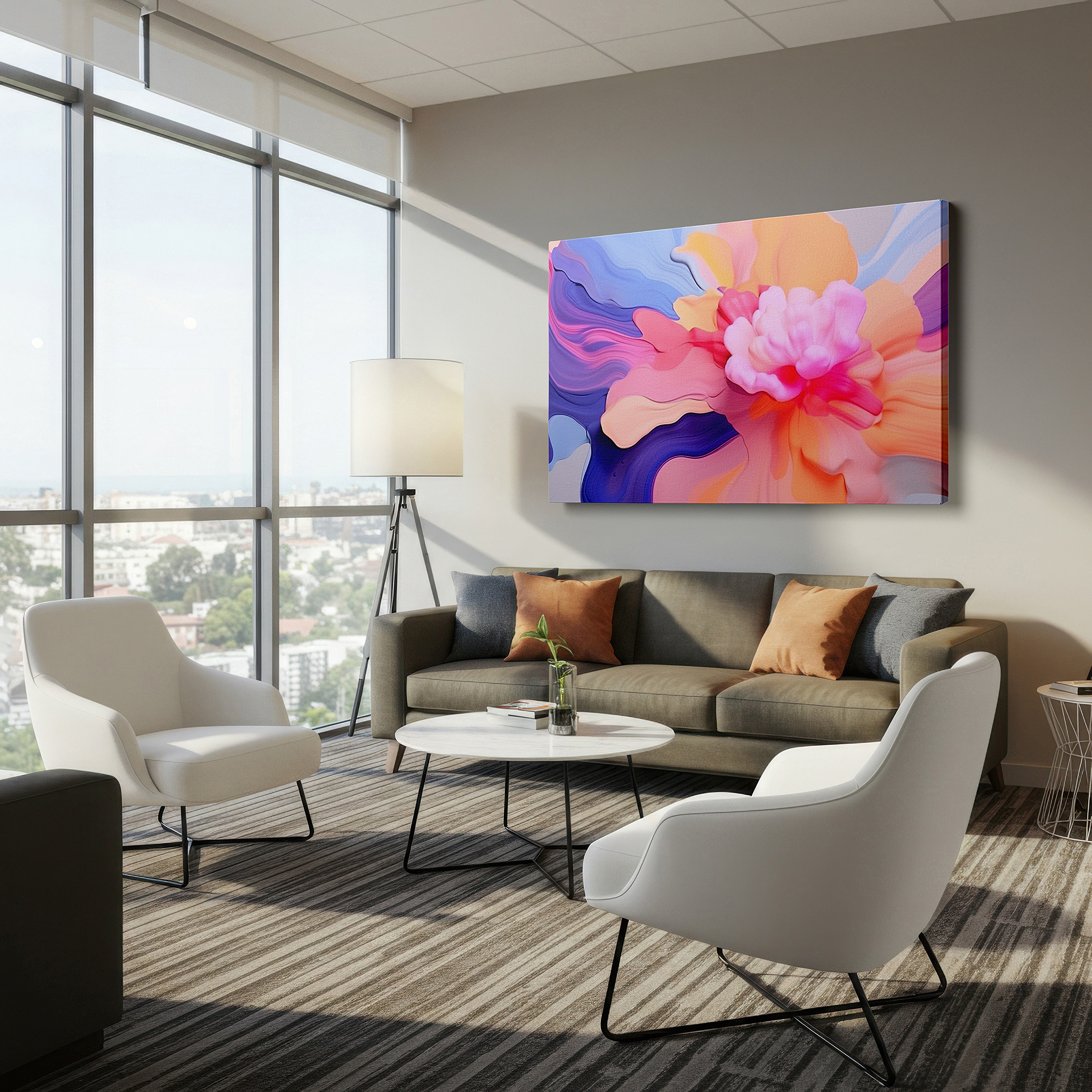 At 60×40 cm, this format fits effortlessly over dressers or benches — soft pastel and vibrant floral abstract art, tranquil and engaging large canvas wall decor for office
