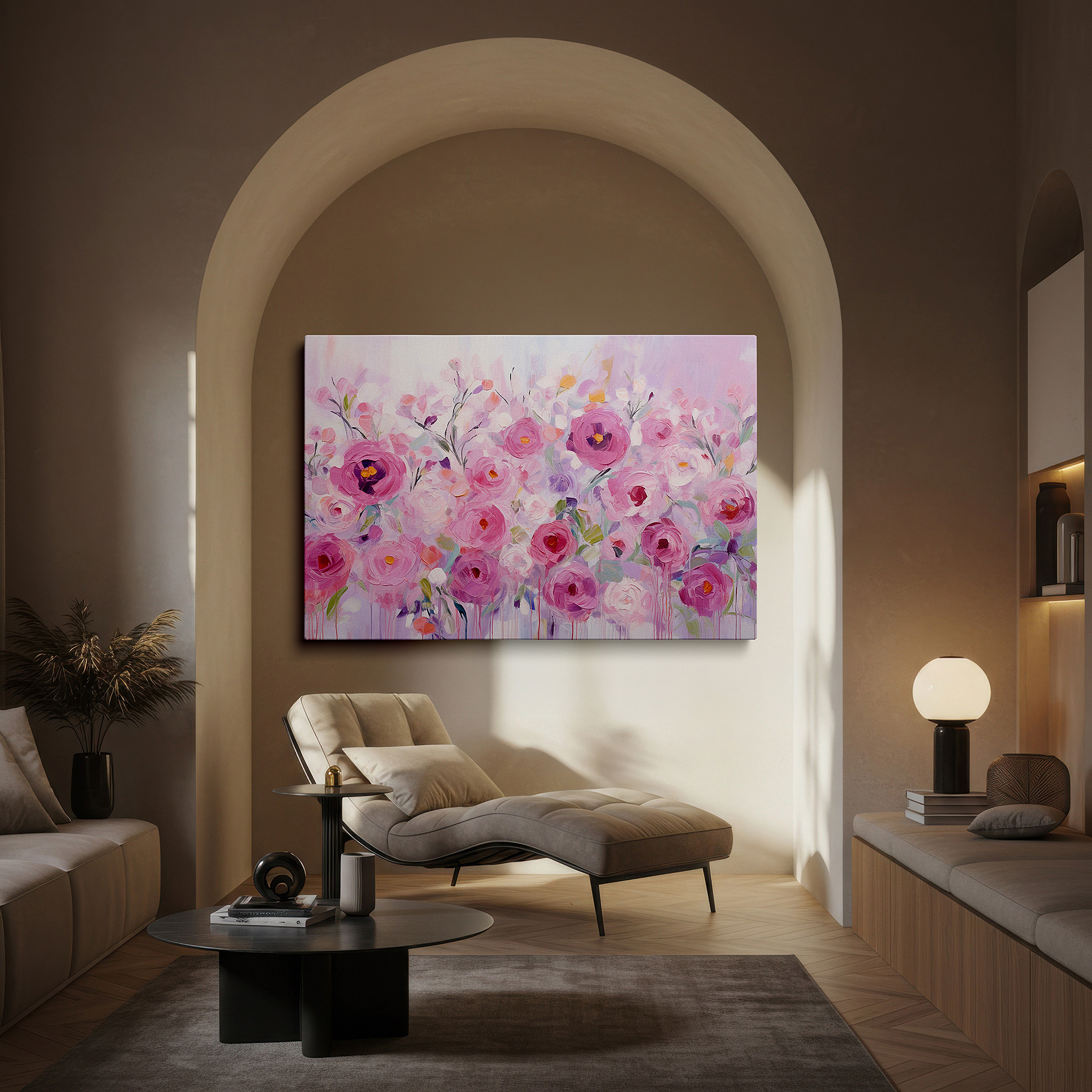 At 60×40 cm, this format fits effortlessly over dressers or benches — soft pink roses symphony and abstract elegance: serene nature and innovation large wall art, canvas wall art, wall decor for office