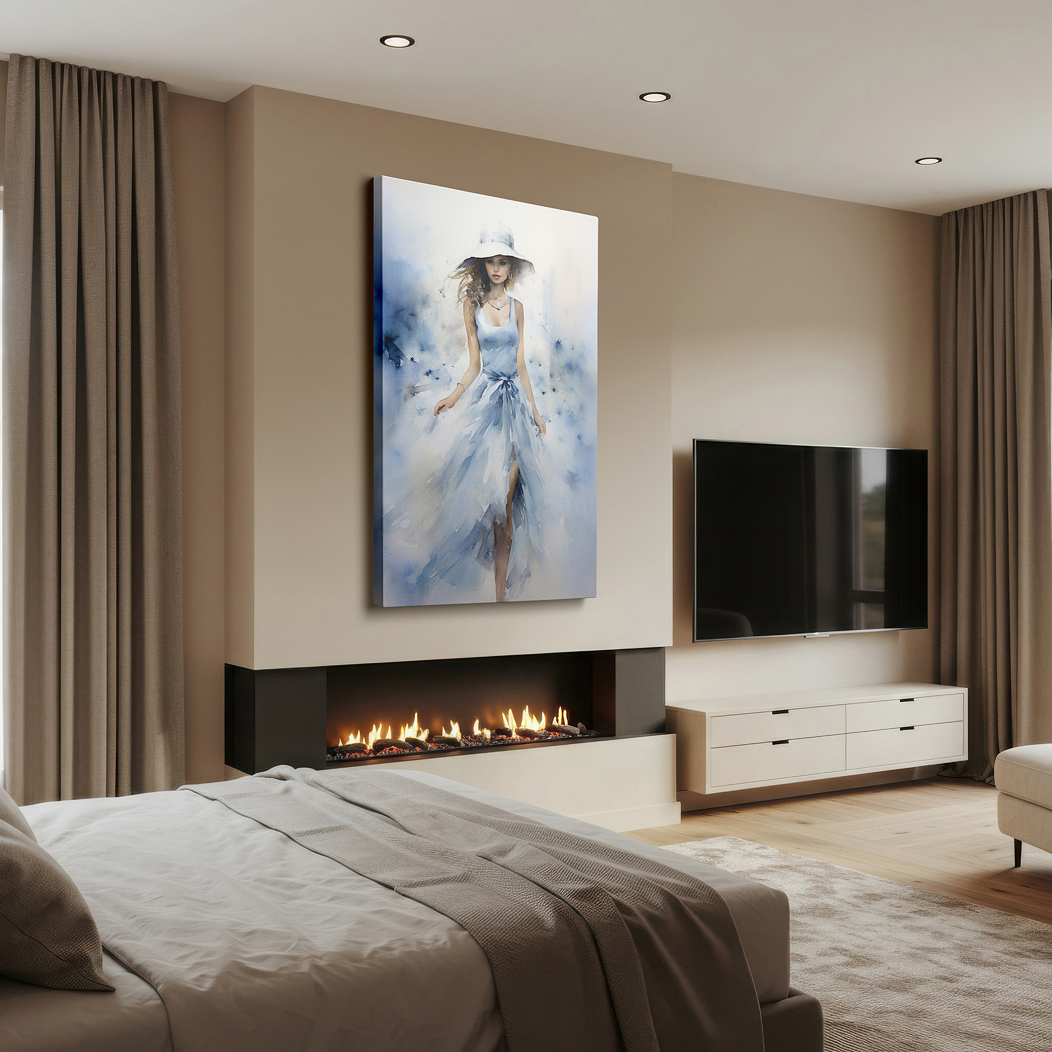 At 60×40 cm, this format fits effortlessly over dressers or benches — sophisticated elegance on display - stylish woman with coordinated hat large wall art, canvas wall art, wall decor for office and bedroom