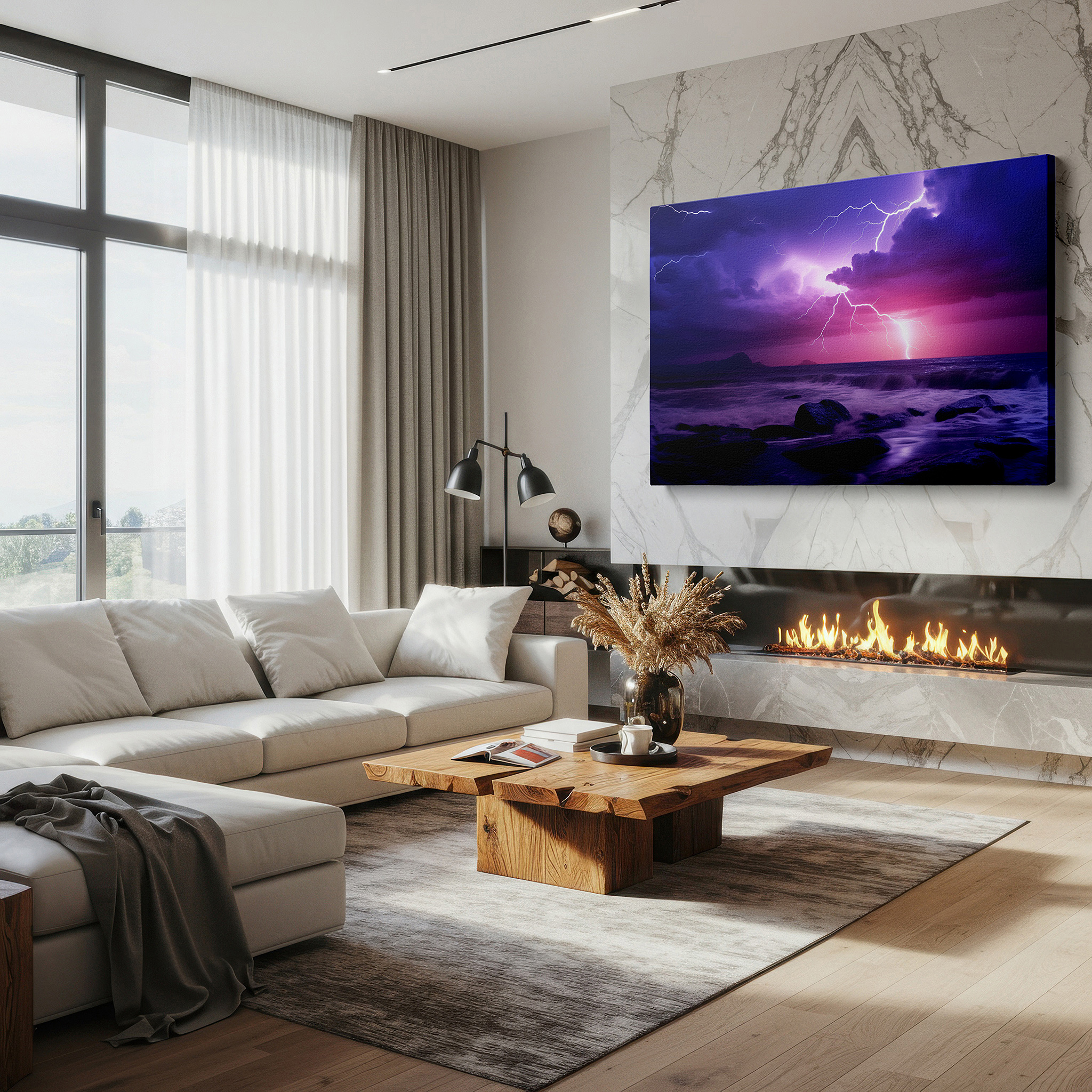 At 60×40 cm, this format fits effortlessly over dressers or benches — stormy seascape canvas: lightning and turbulent ocean waters - large wall art for office, bedroom, and living room decor