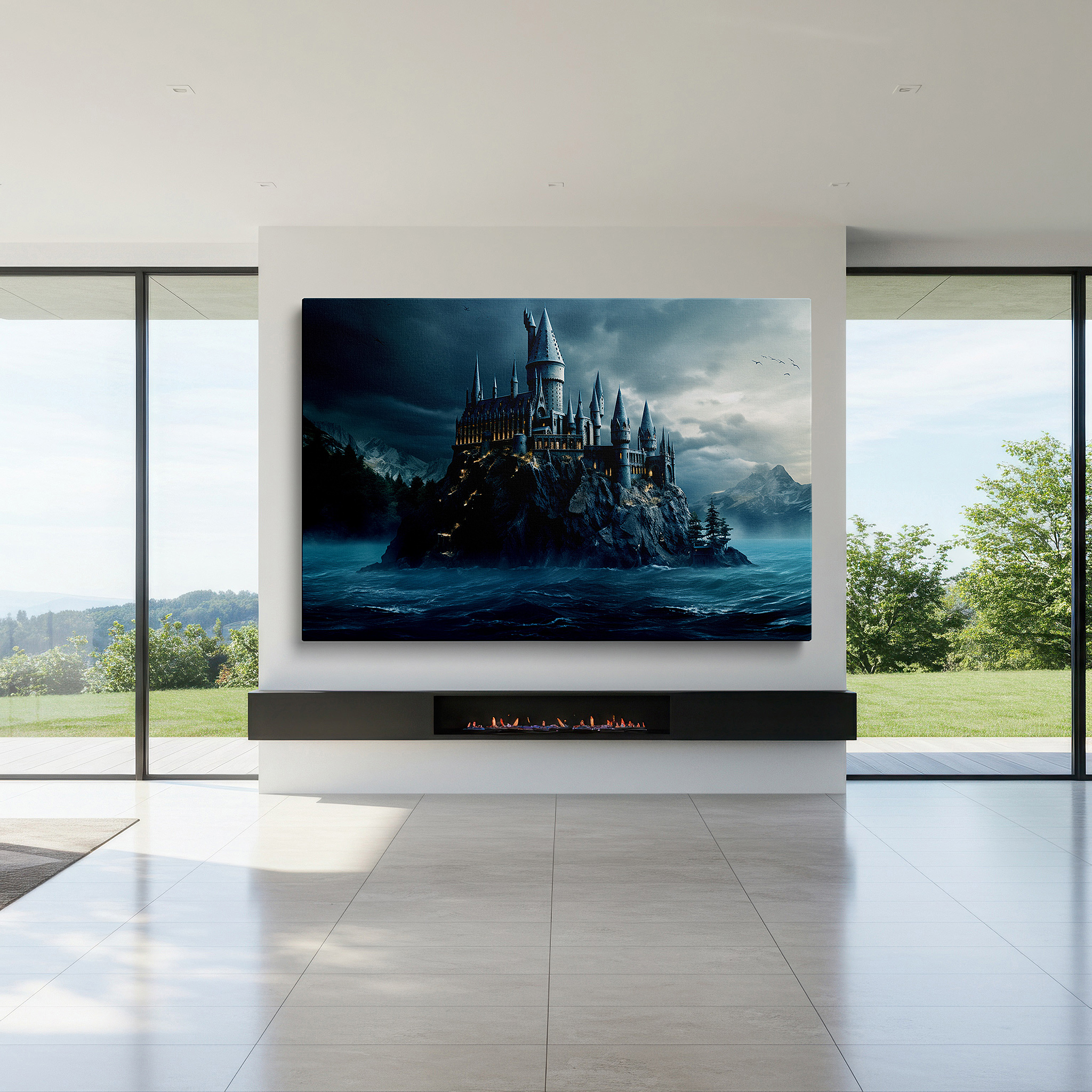 At 60×40 cm, this format fits effortlessly over dressers or benches — stormy skies over majestic castle on rocky shoreline - large canvas wall art for office, bedroom, and living room decor