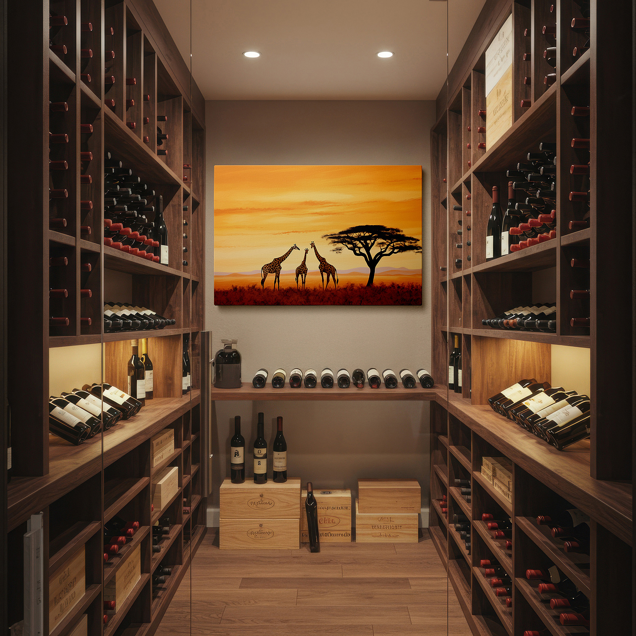 At 60×40 cm, this format fits effortlessly over dressers or benches — stunning giraffes and vibrant sunset in the african savannah wall art, canvas decor for office and bedroom