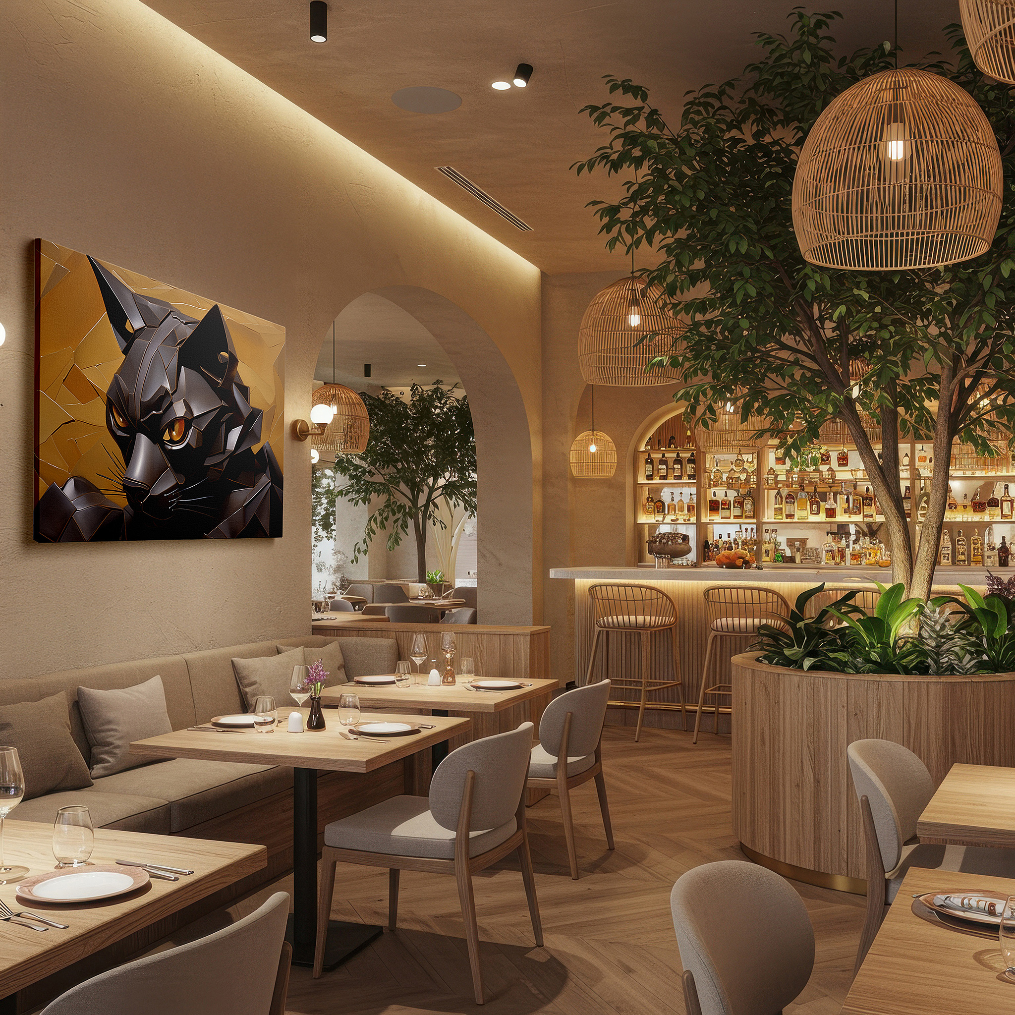 At 60×40 cm, this format fits effortlessly over dressers or benches — stunning large black cat sculpture wall art with bold geometric patterns and golden eyes, perfect for office or bedroom decor