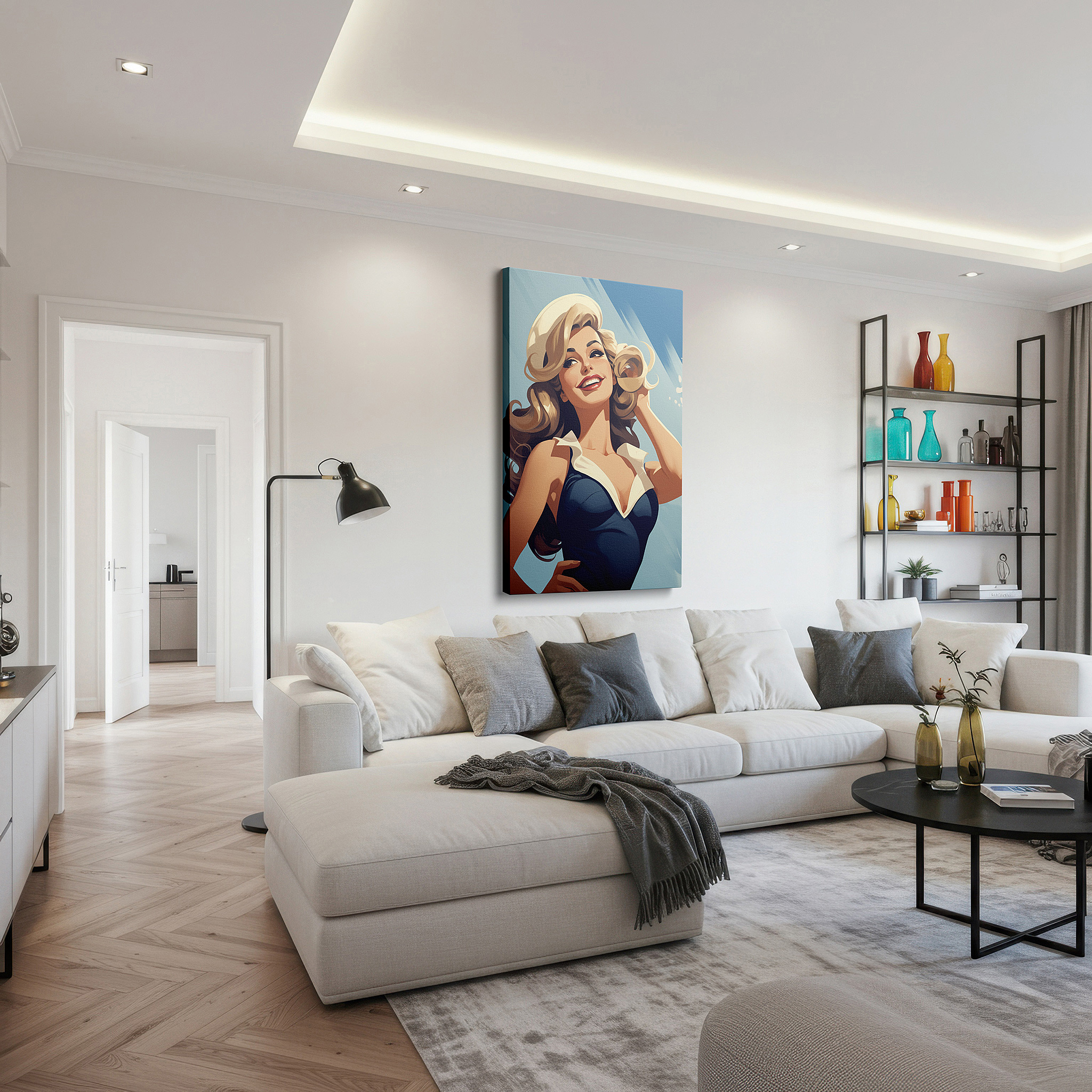 At 60×40 cm, this format fits effortlessly over dressers or benches — summer glamour by the sea: radiant retro-style woman large wall art, canvas decor for office and bedroom