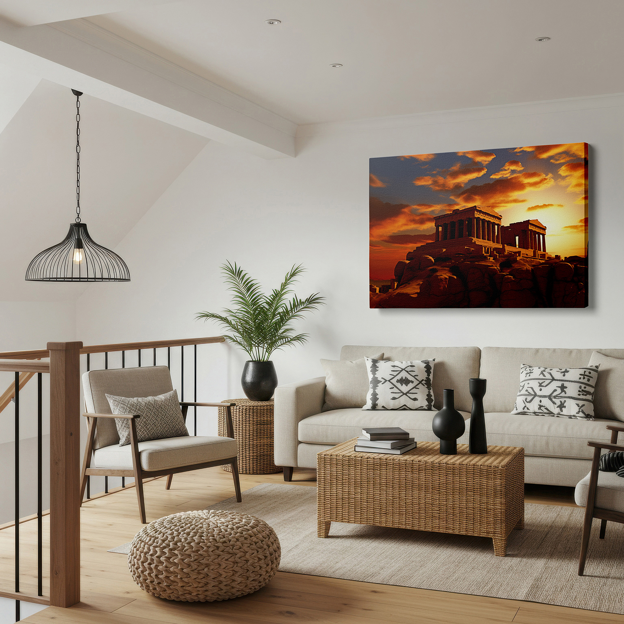 At 60×40 cm, this format fits effortlessly over dressers or benches — sunset glow over ancient greek temple, timeless nature-inspired large wall art for office and bedroom decor