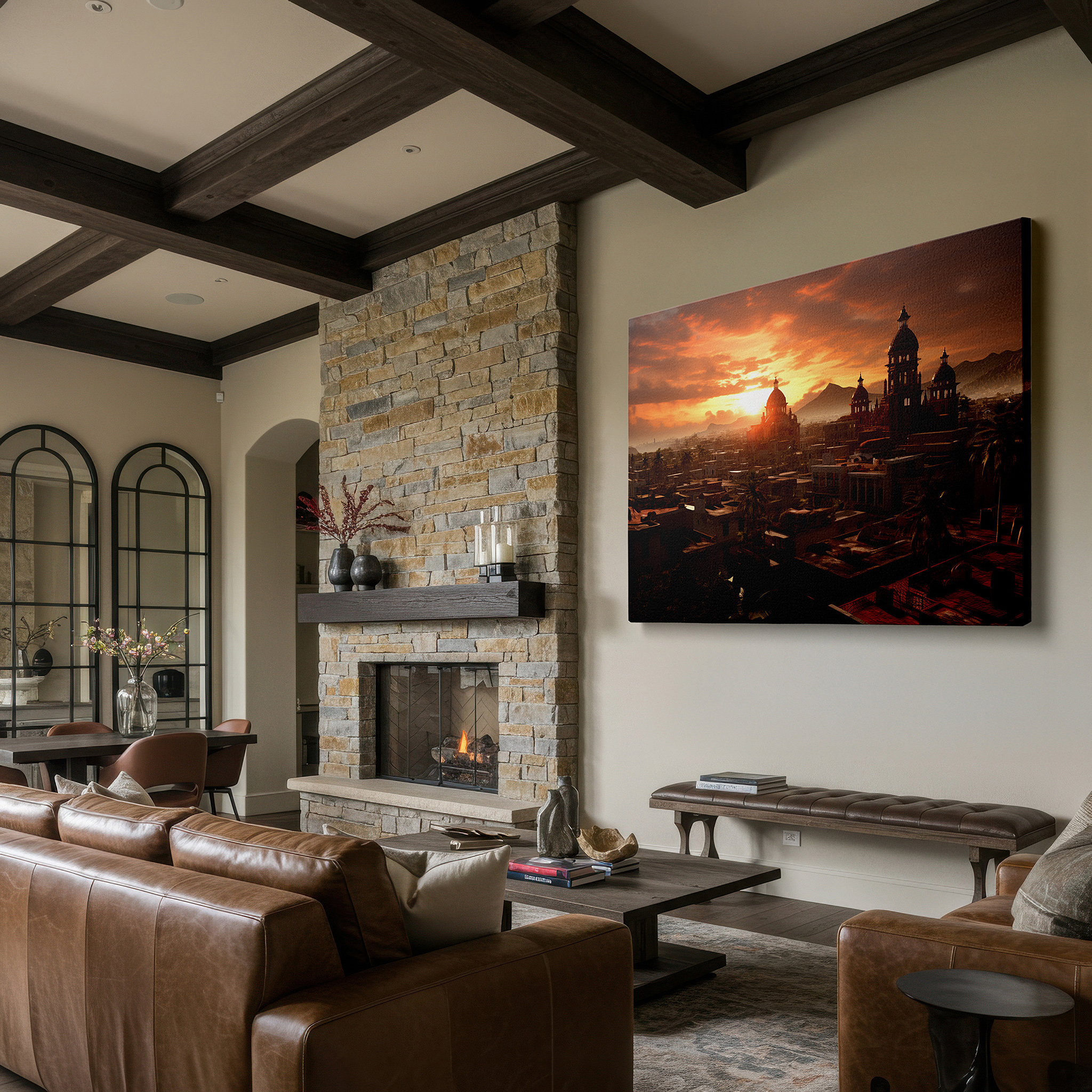 At 60×40 cm, this format fits effortlessly over dressers or benches — sunset over the historic city: a canvas of fiery skies and timeless silhouettes - large wall art for office and bedroom decor