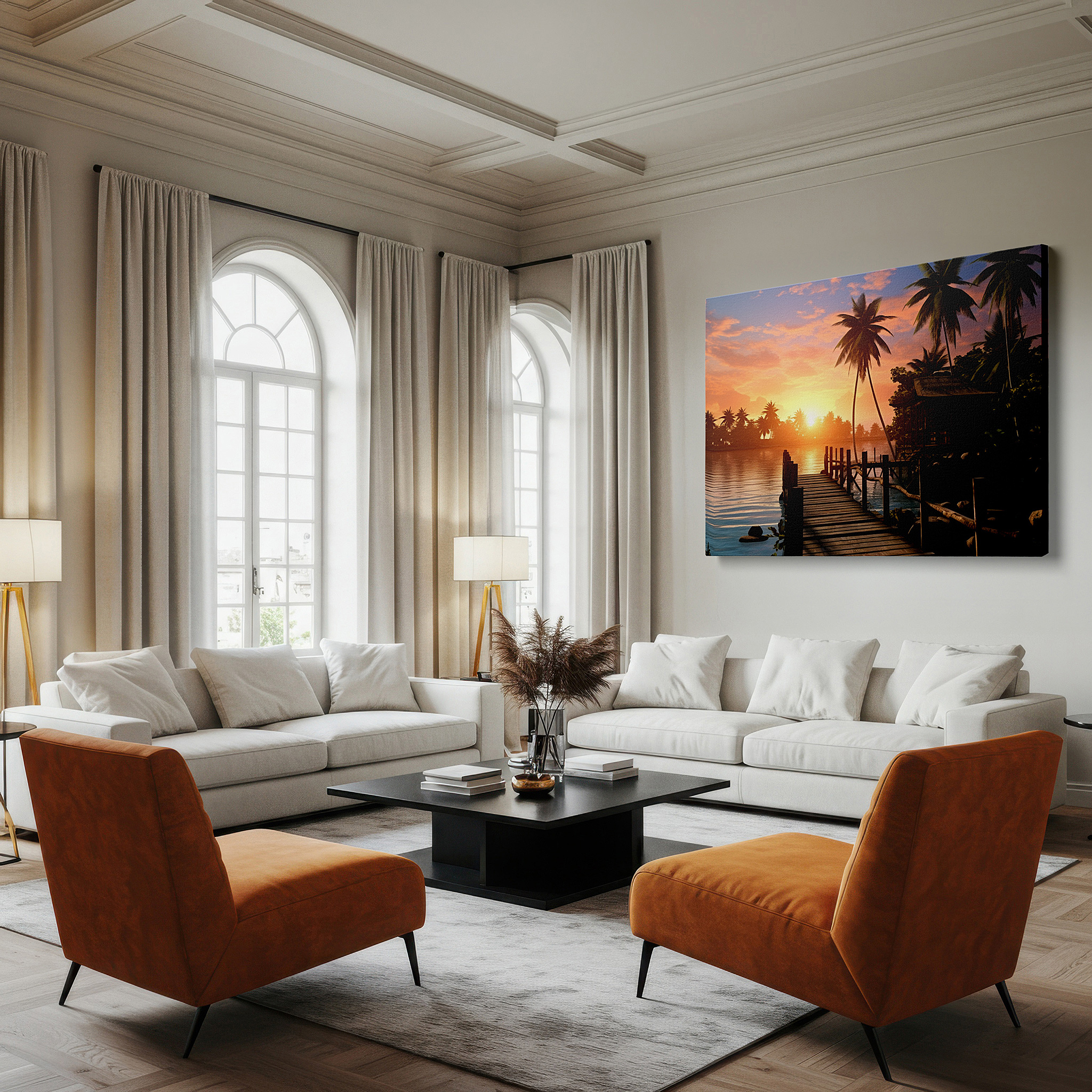 At 60×40 cm, this format fits effortlessly over dressers or benches — tropical sunset paradise with rustic dock and reflective waters - large canvas wall art for office, bedroom, and living room decor