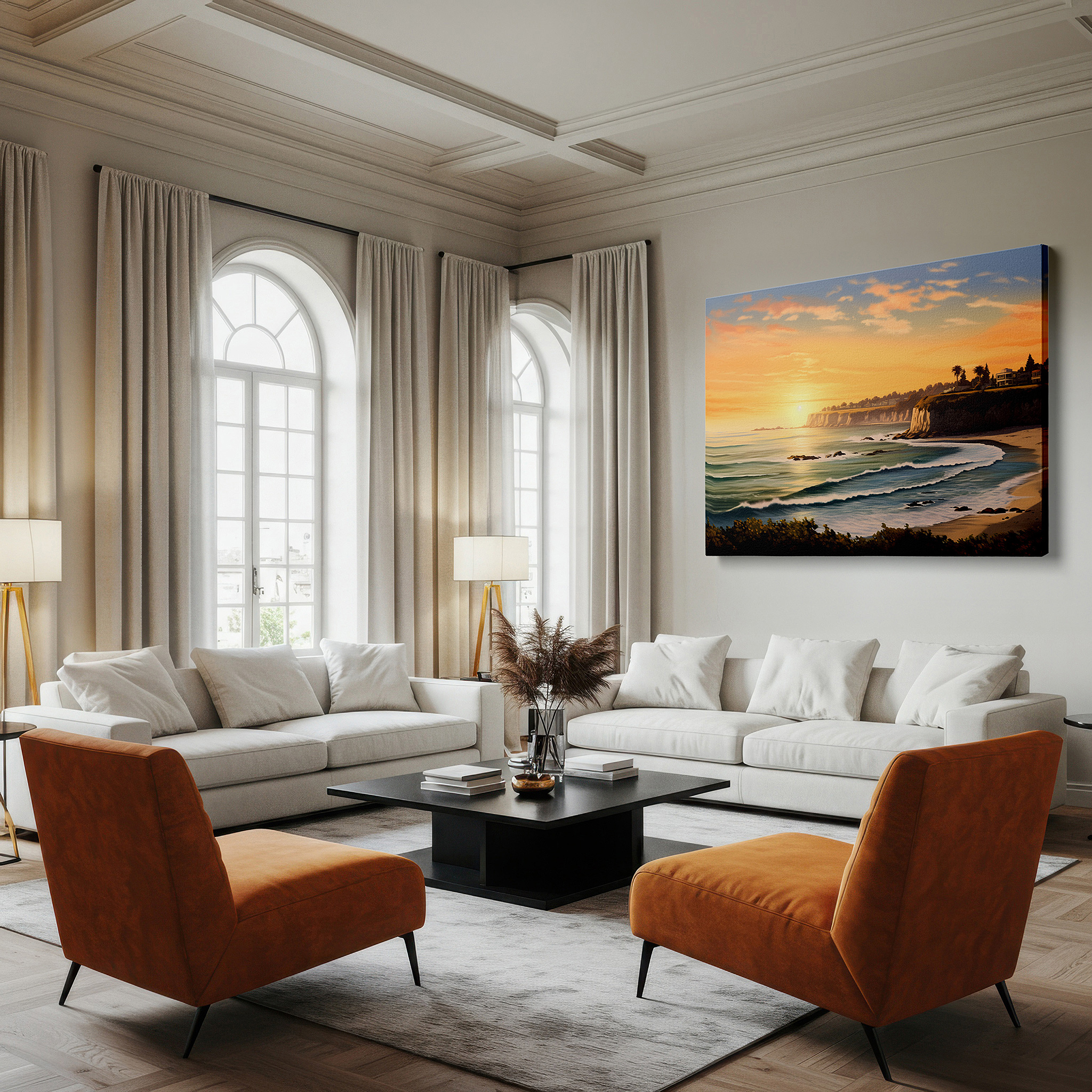At 60×40 cm, this format fits effortlessly over dressers or benches — twilight's golden radiance - coastal sunset with earthy cliffs and gentle waves large wall art, canvas wall art, wall decor