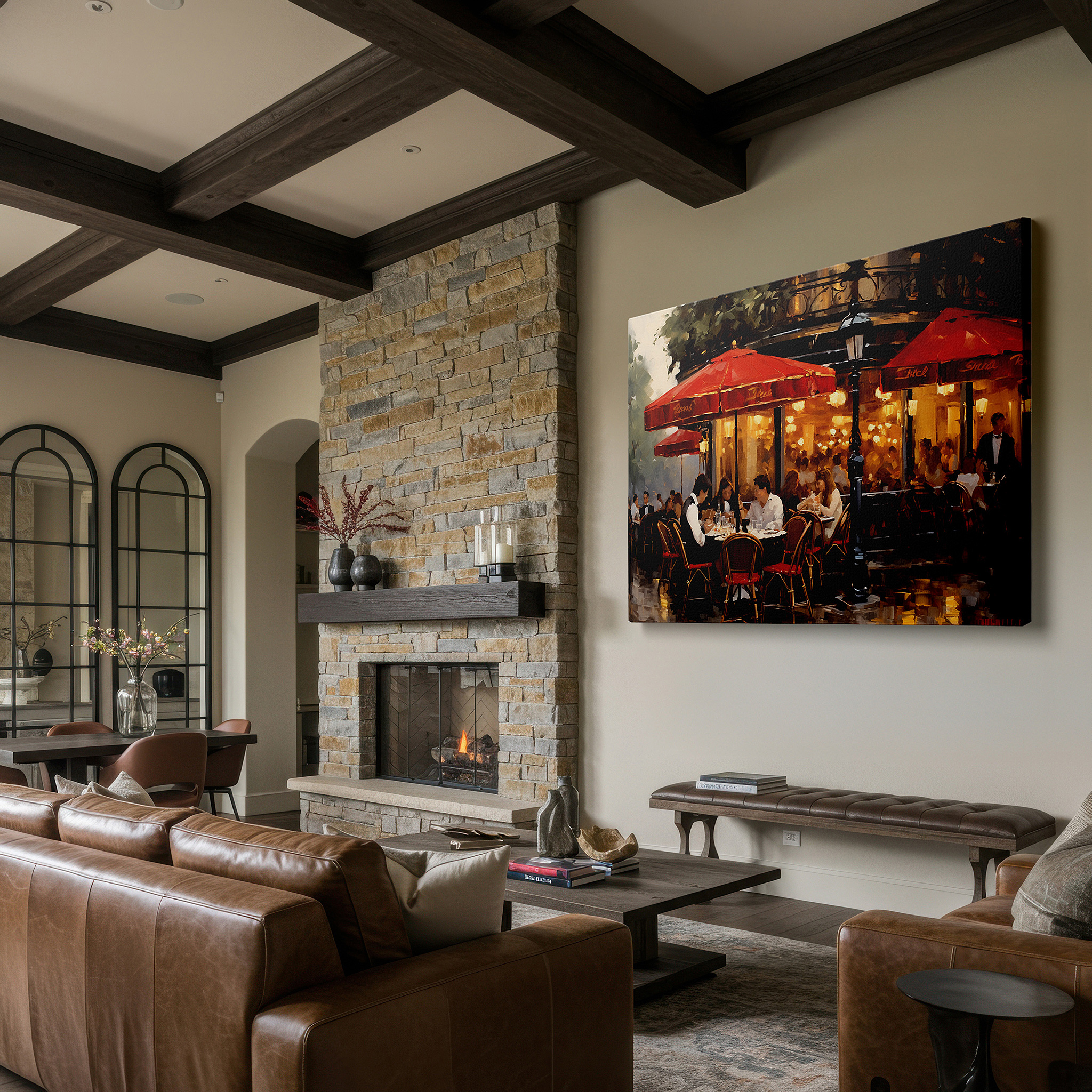 At 60×40 cm, this format fits effortlessly over dressers or benches — urban café beneath crimson umbrellas: a lively night of dining amidst city illuminations - oversized wall art, canvas art, decorative wall art, office and bedroom decor