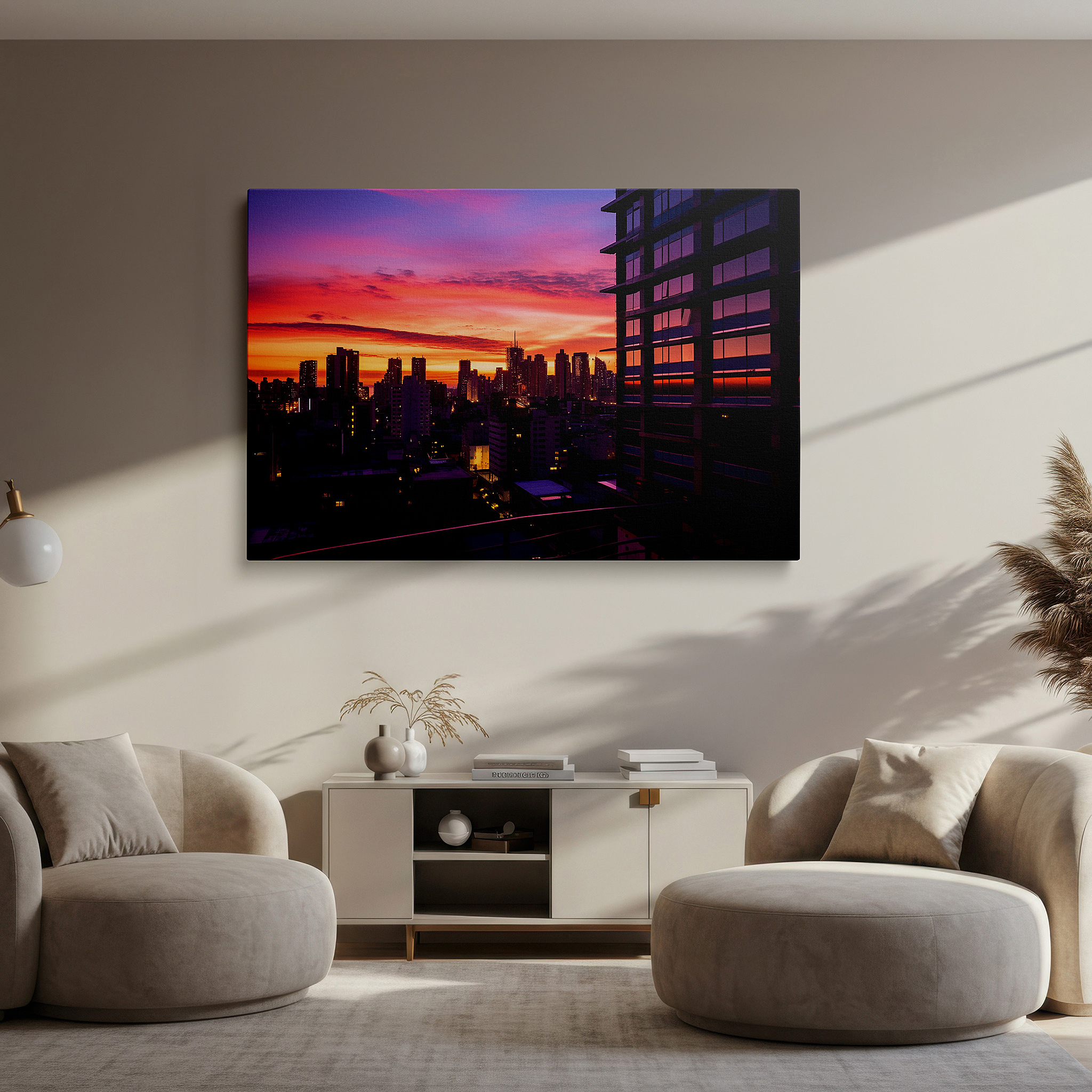 At 60×40 cm, this format fits effortlessly over dressers or benches — urban sunset above glass skyscrapers - vibrant day to night transition large wall art, canvas wall art, wall decor, office wall art, bedroom wall art