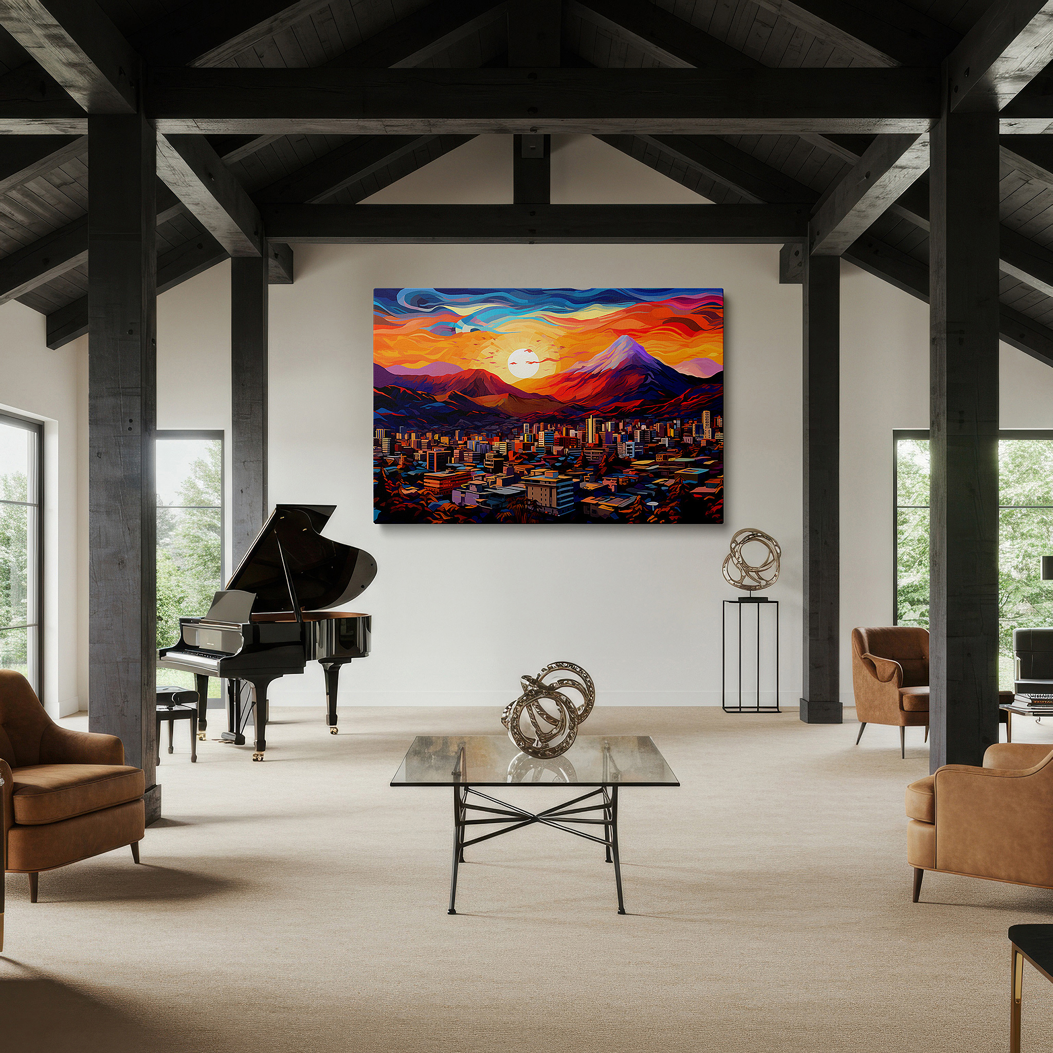At 60×40 cm, this format fits effortlessly over dressers or benches — urban sunset symphony - vibrant cityscape with majestic mountains large wall art, canvas wall decor for offices and bedrooms