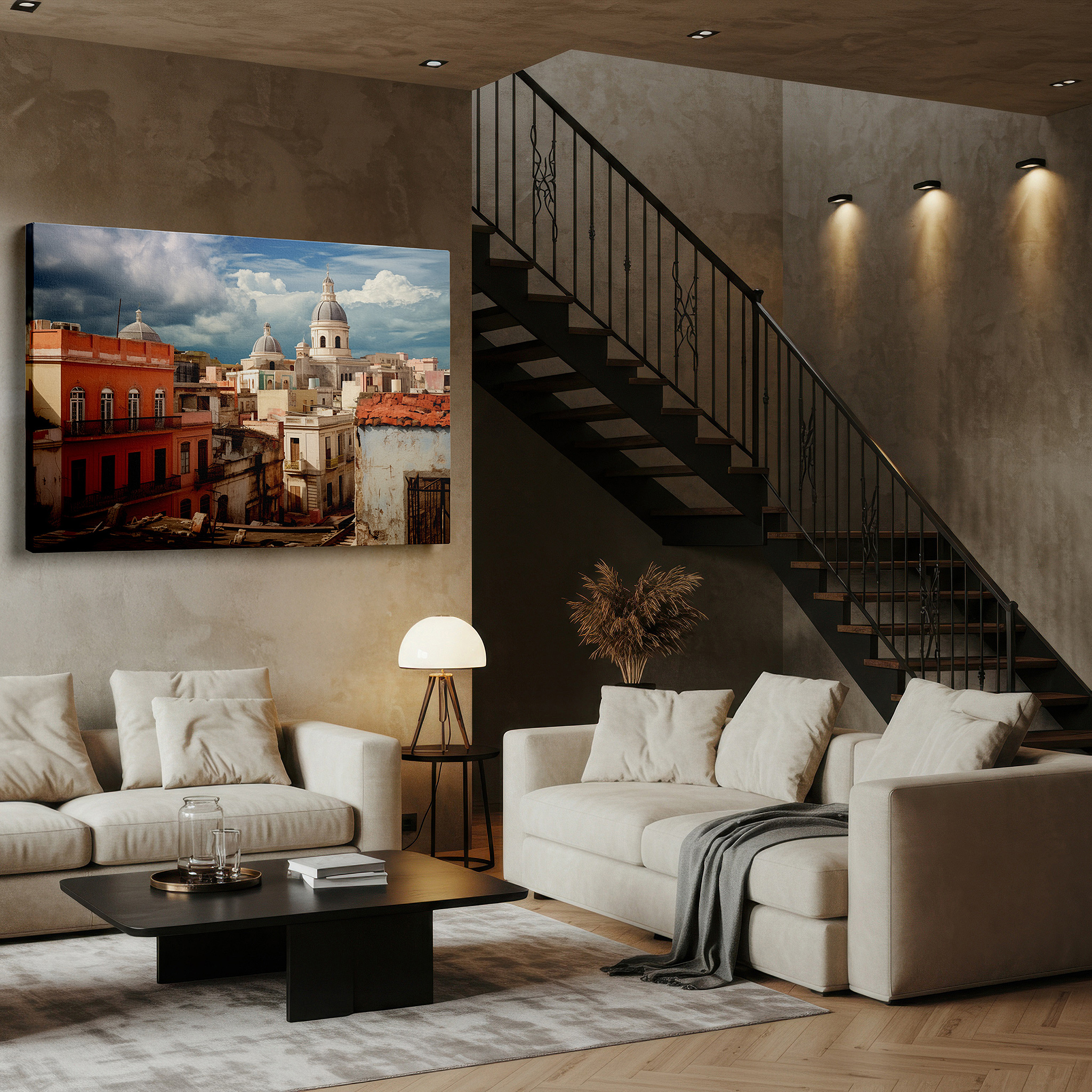 At 60×40 cm, this format fits effortlessly over dressers or benches — vibrant historic cityscape canvas wall art with dramatic sky for office, bedroom, and living room decor