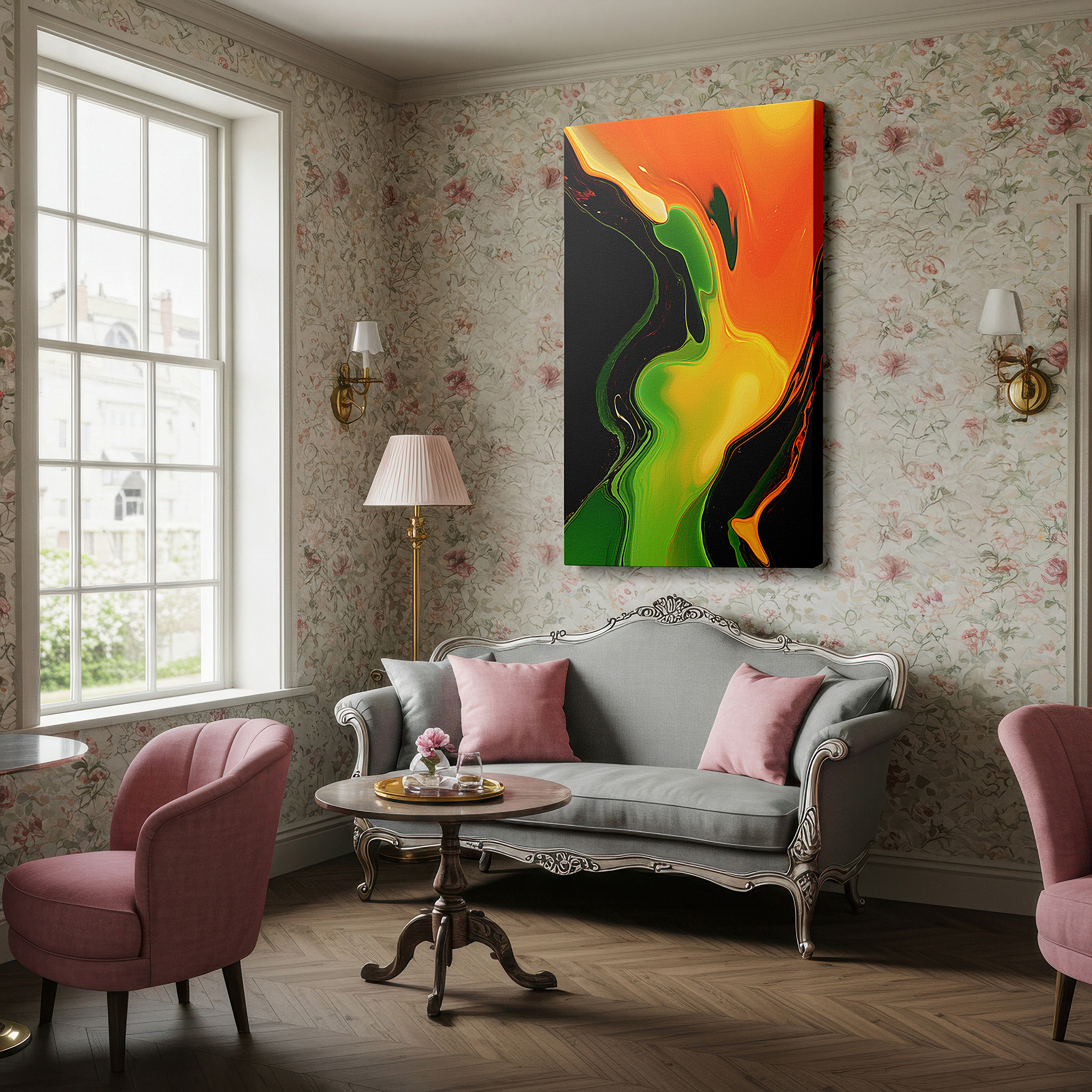 At 60×40 cm, this format fits effortlessly over dressers or benches — vibrant orange and black dance of light and darkness large canvas wall art for office and bedroom decor