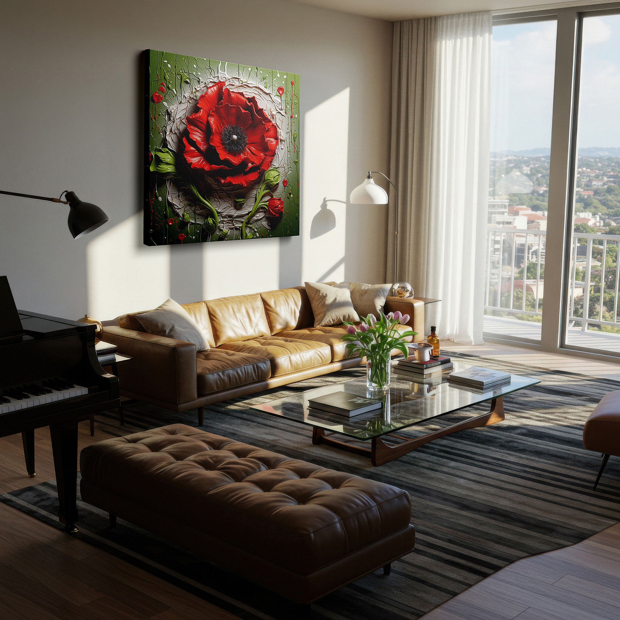 At 60×40 cm, this format fits effortlessly over dressers or benches — vibrant red poppy amidst chaotic paint splatters - a blend of nature and artistic expression large wall art, canvas wall art, wall decor, office wall art