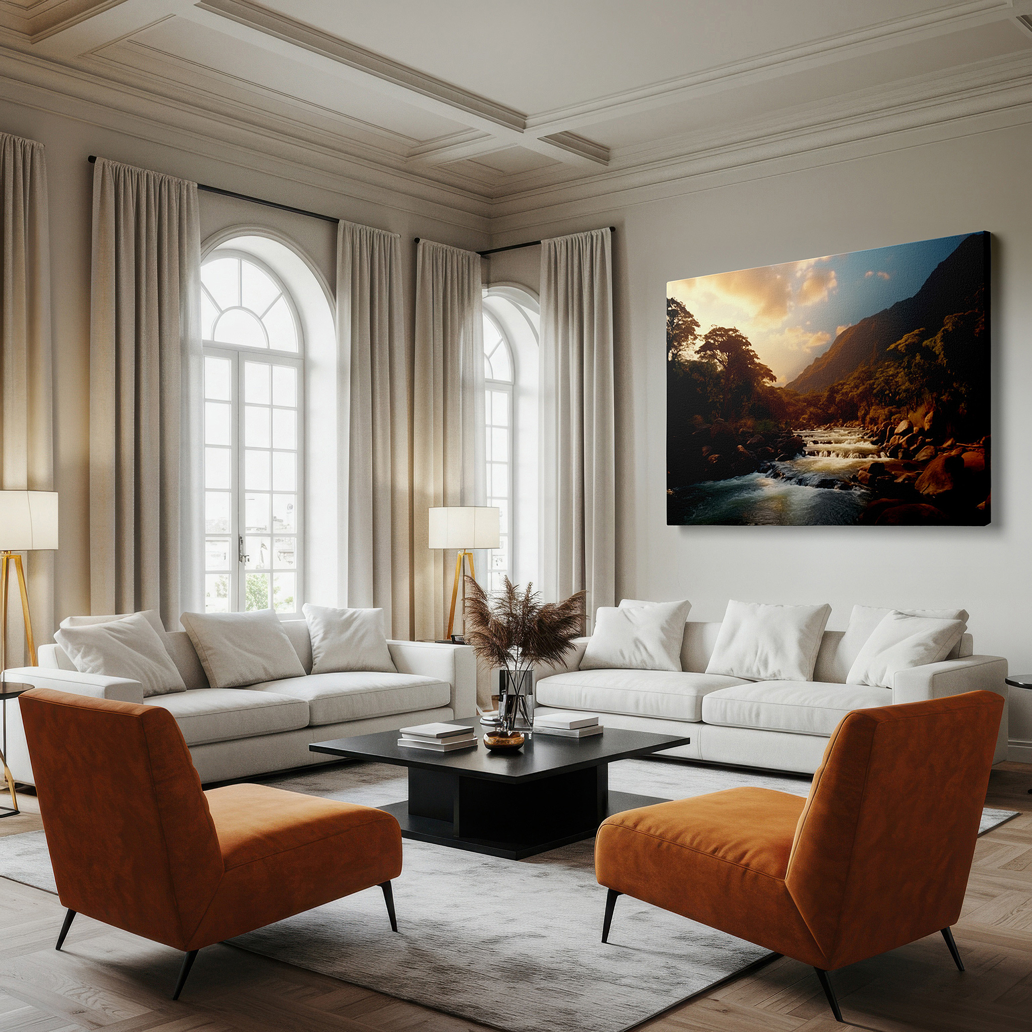 At 60×40 cm, this format fits effortlessly over dressers or benches — vibrant rushing stream and serene greenery at dusk large wall art, canvas wall art, wall decor for office, bedroom, and living room