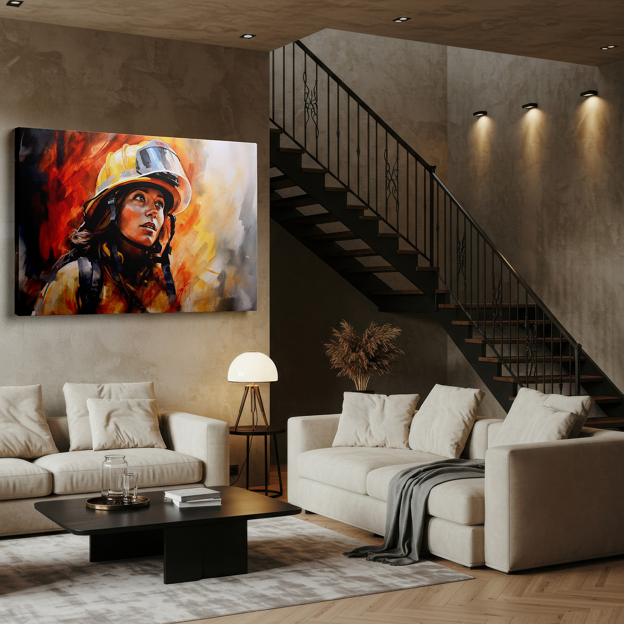 At 60×40 cm, this format fits effortlessly over dressers or benches — wall art: "beacon of courage" - female firefighter amidst flames, large canvas wall art for office, bedroom, and living room decor