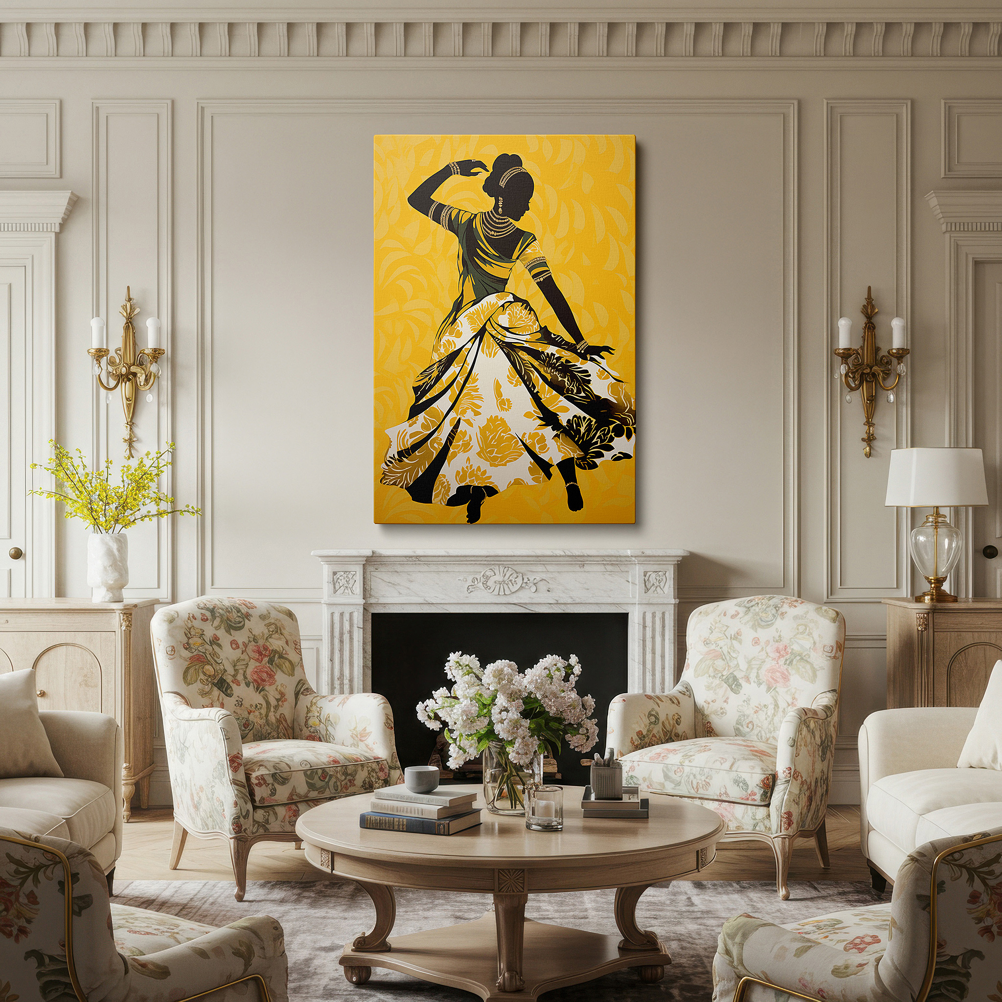 At 60×40 cm, this format fits effortlessly over dressers or benches — wall art: elegant dancer in a flowered dress on a bright yellow background, representing femininity and freedom - large canvas wall art for home and office decor