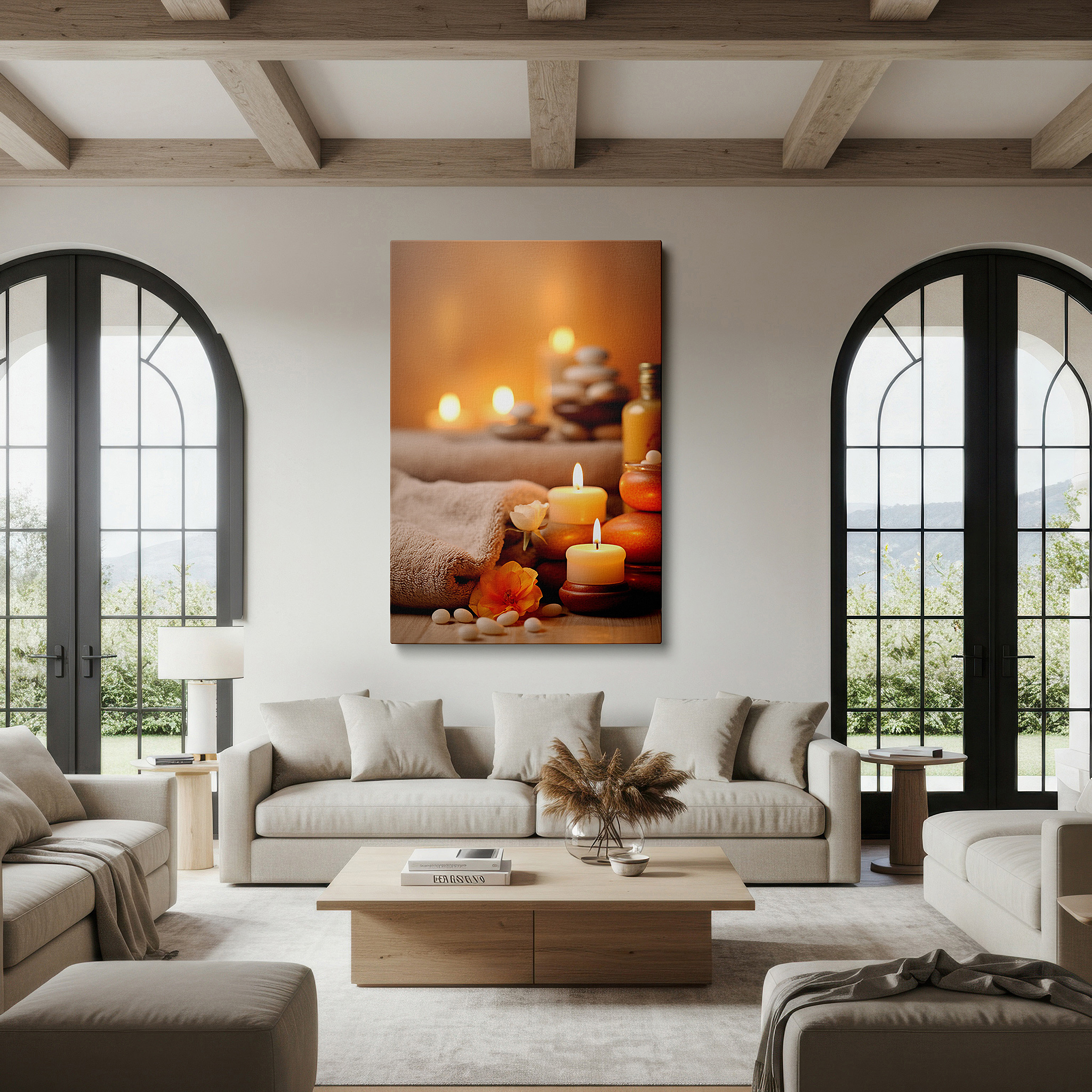 At 60×40 cm, this format fits effortlessly over dressers or benches — wall art: experience serenity with candles and stones, large spa-themed canvas art for home and office decor, perfect for bedrooms and living spaces