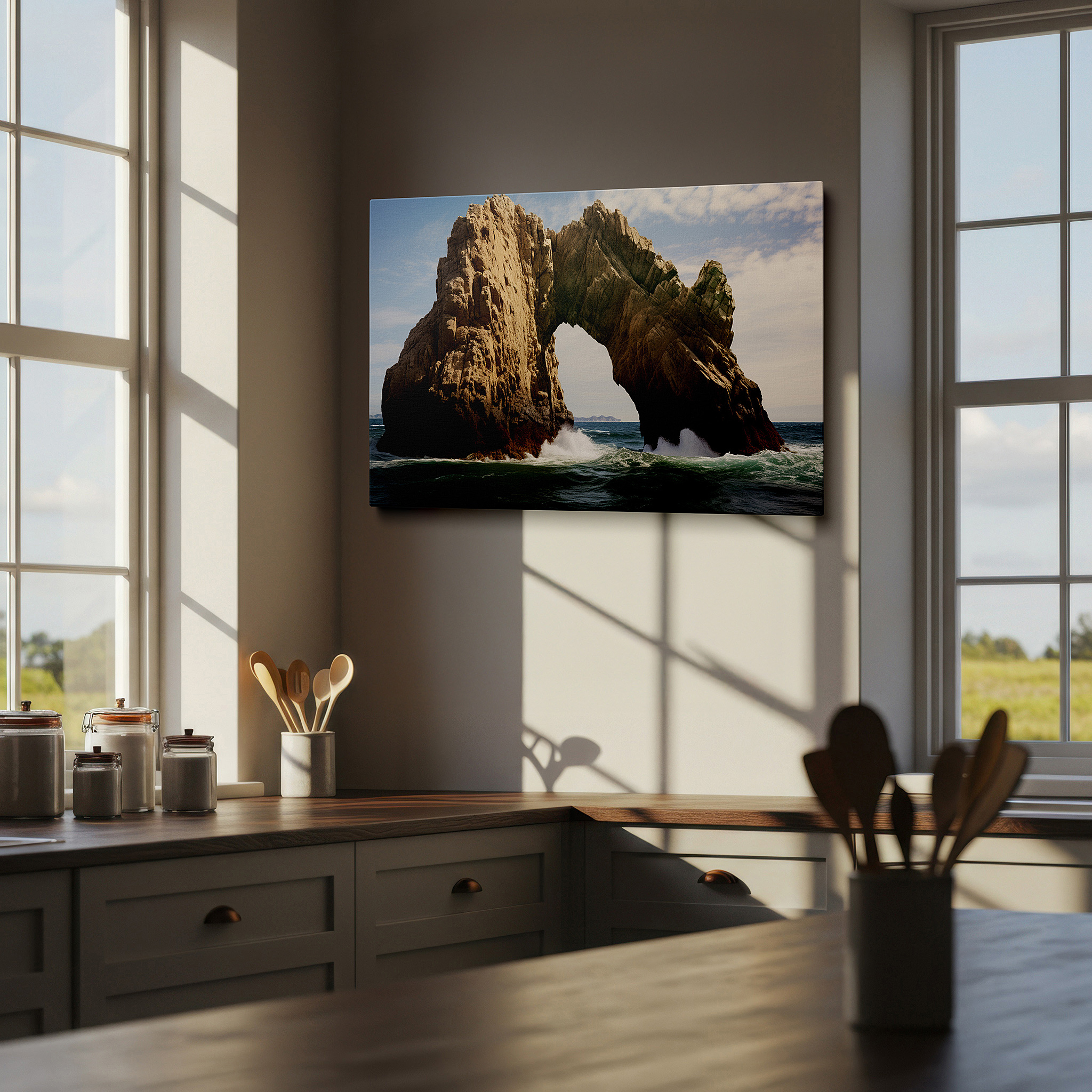 At 60×40 cm, this format fits effortlessly over dressers or benches — wall art: majestic arch and crashing waves - a symphony of light and nature's power. large canvas wall art for home and office decor.