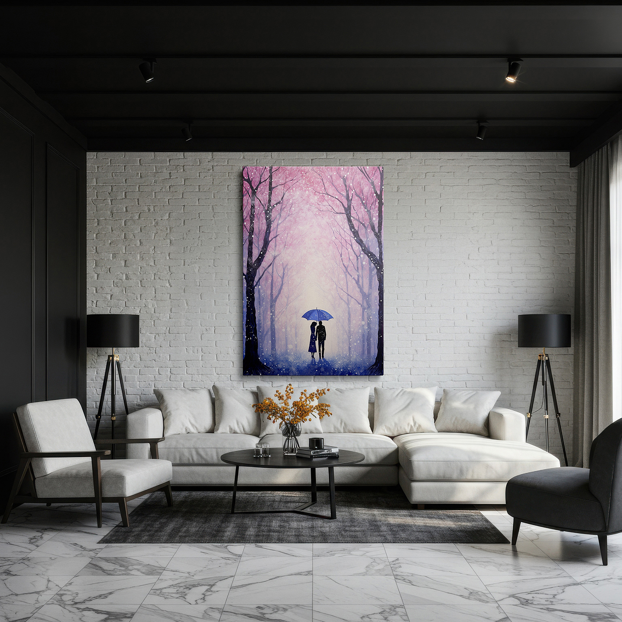 At 60×40 cm, this format fits effortlessly over dressers or benches — wall art: romantic walk under a blue umbrella among spring blossoms - large canvas wall art for office and bedroom decor