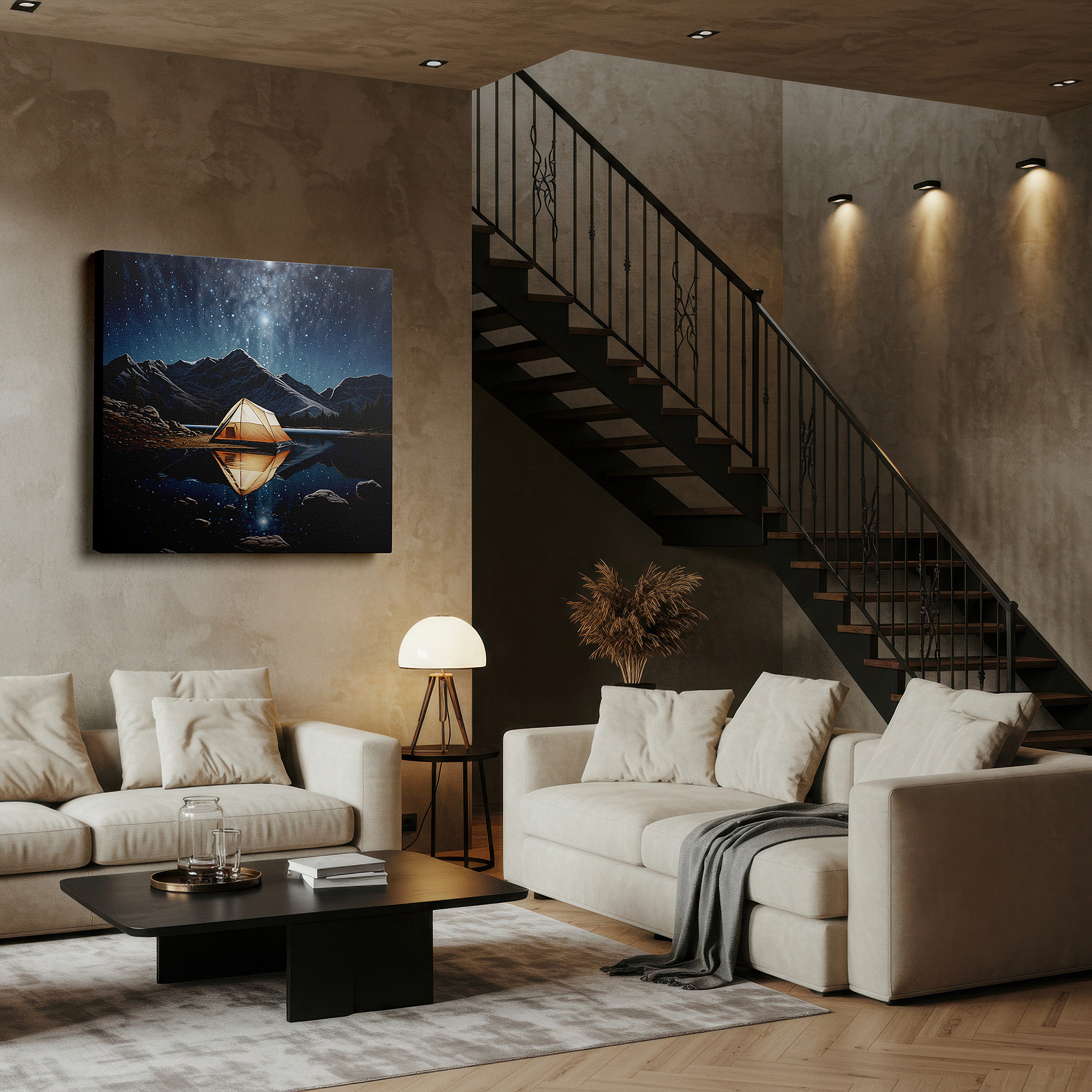 At 60×40 cm, this format fits effortlessly over dressers or benches — wall art: serene camping scene by a tranquil lake with a star-filled sky reflection and a solitary tent amid majestic mountains - large canvas wall art for home and office decor