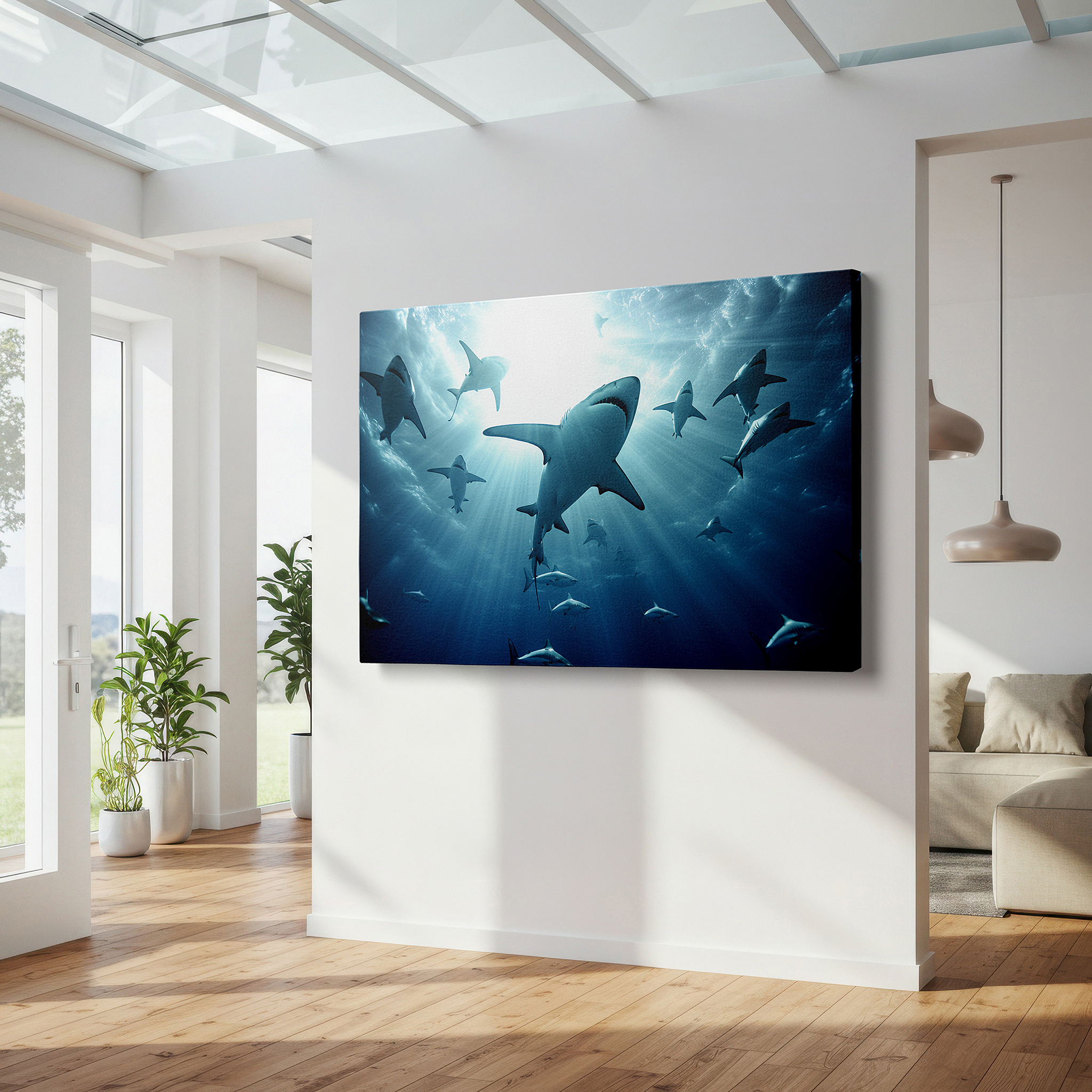 At 60×40 cm, this format fits effortlessly over dressers or benches — wall decor: elegant sharks swimming in sunlit waters, interplay of light and shadow - large canvas art for walls, ideal for office and bedroom decor