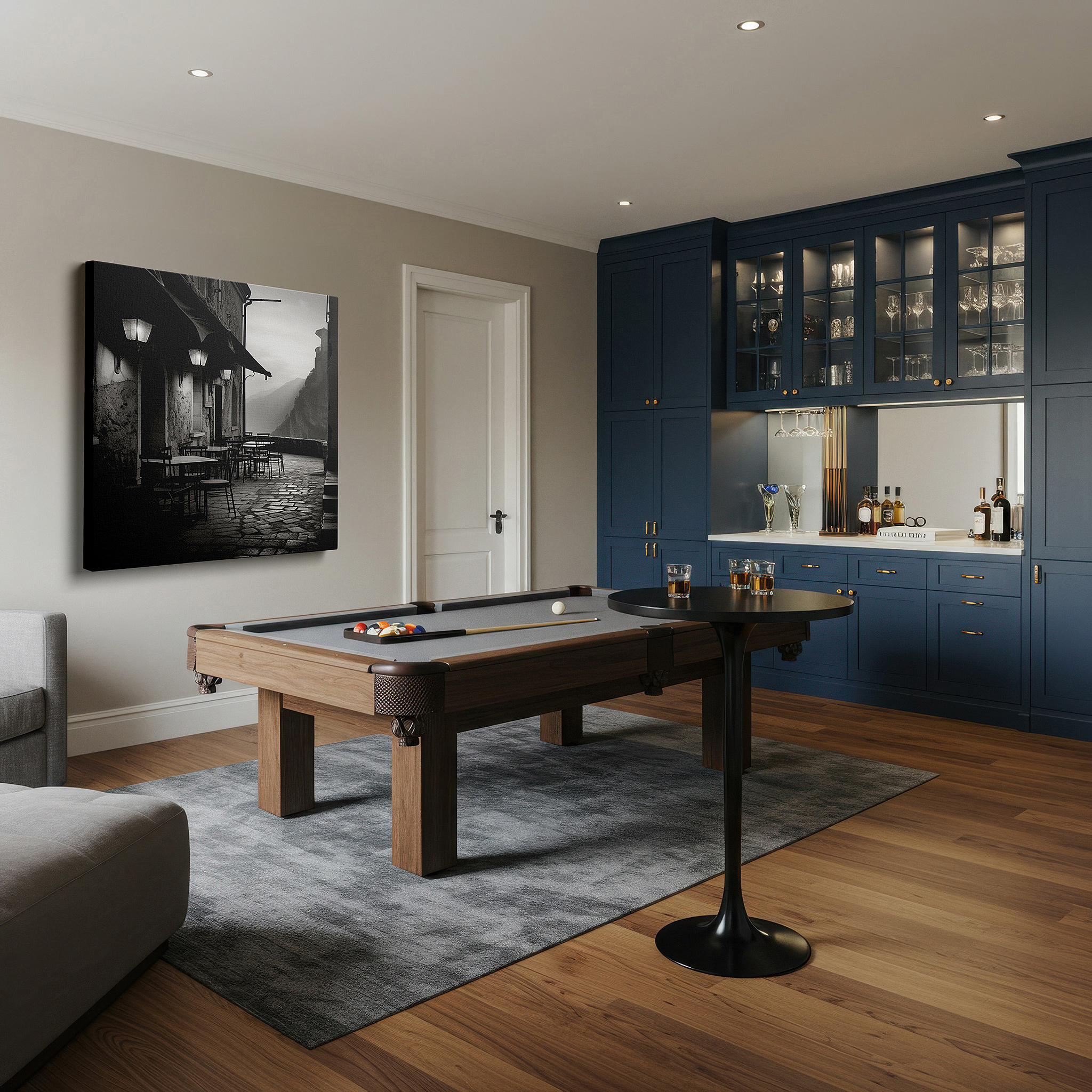 At 60×40 cm, this format fits effortlessly over dressers or benches — wall decor: peaceful cobblestone alley adorned with lanterns - timeless black-and-white photo for calm environments, large canvas art, office wall decor