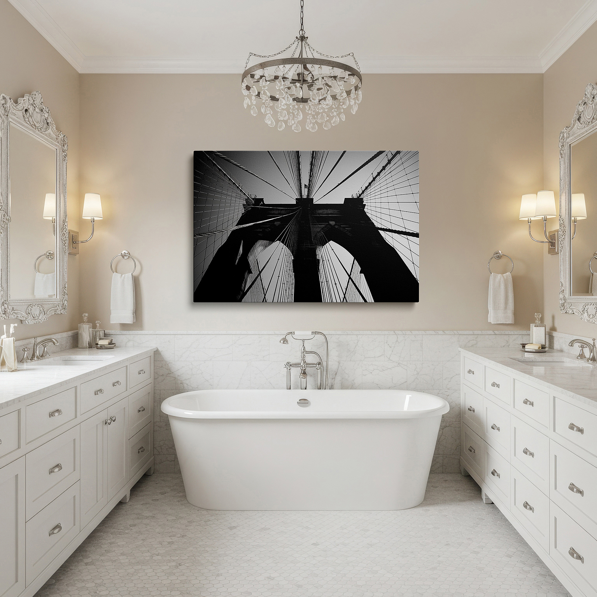 At 60×40 cm, this format fits effortlessly over dressers or benches — wall decor: stunning black-and-white brooklyn bridge - a tribute to architectural genius and human spirit, large canvas art for home and office