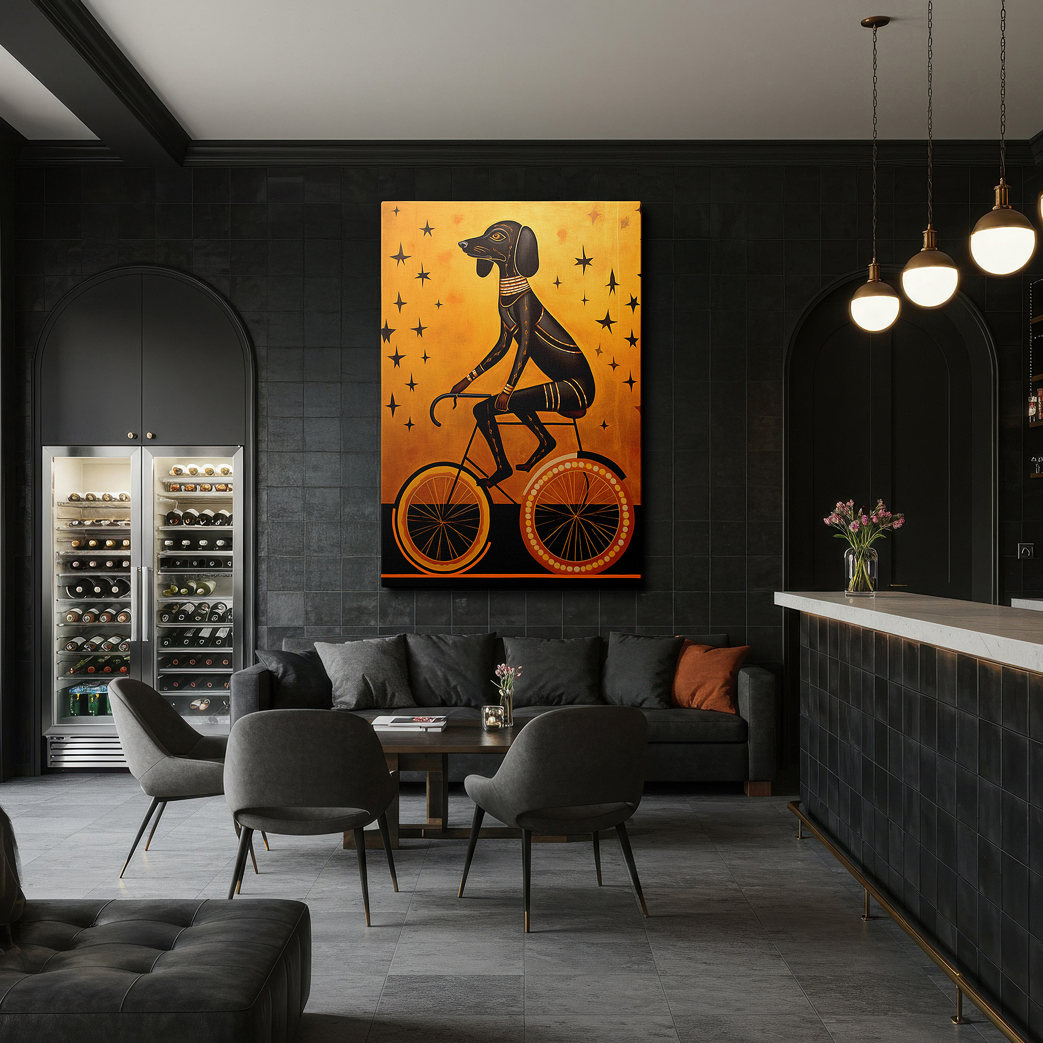 At 60×40 cm, this format fits effortlessly over dressers or benches — whimsical black dog on a bicycle canvas art - large wall decor for office, bedroom, and living spaces, featuring a golden starry sky