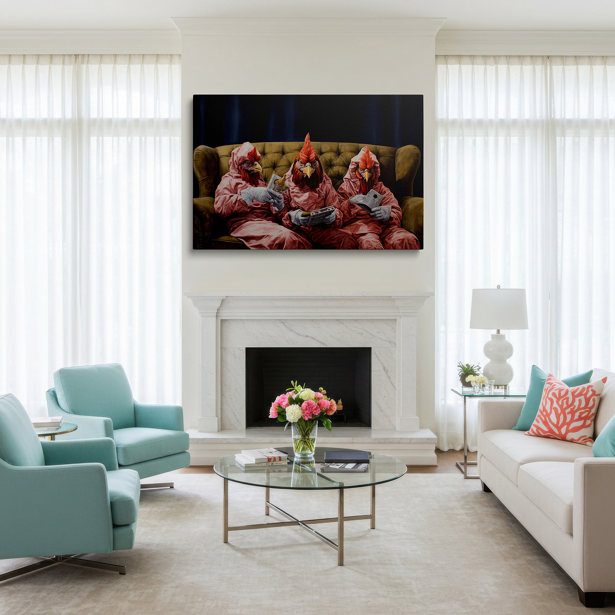 At 60×40 cm, this format fits effortlessly over dressers or benches — whimsical chickens in pink pajamas playing video games - large canvas wall art for office, bedroom, and living room decor
