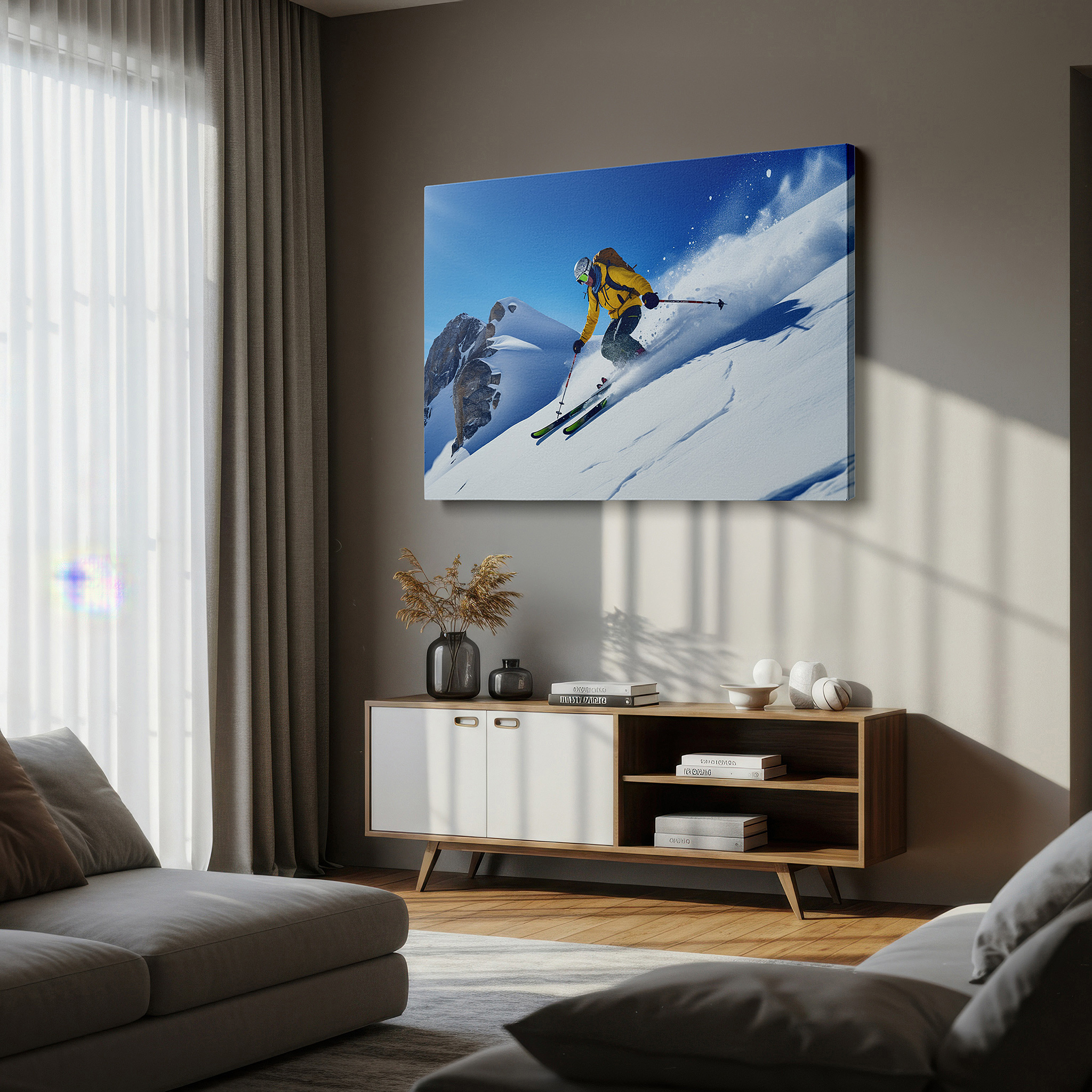 At 60×40 cm, this format fits effortlessly over dressers or benches — winter sports excitement: skier on snow-covered mountain with bright blue sky - large canvas wall art for home and office decor