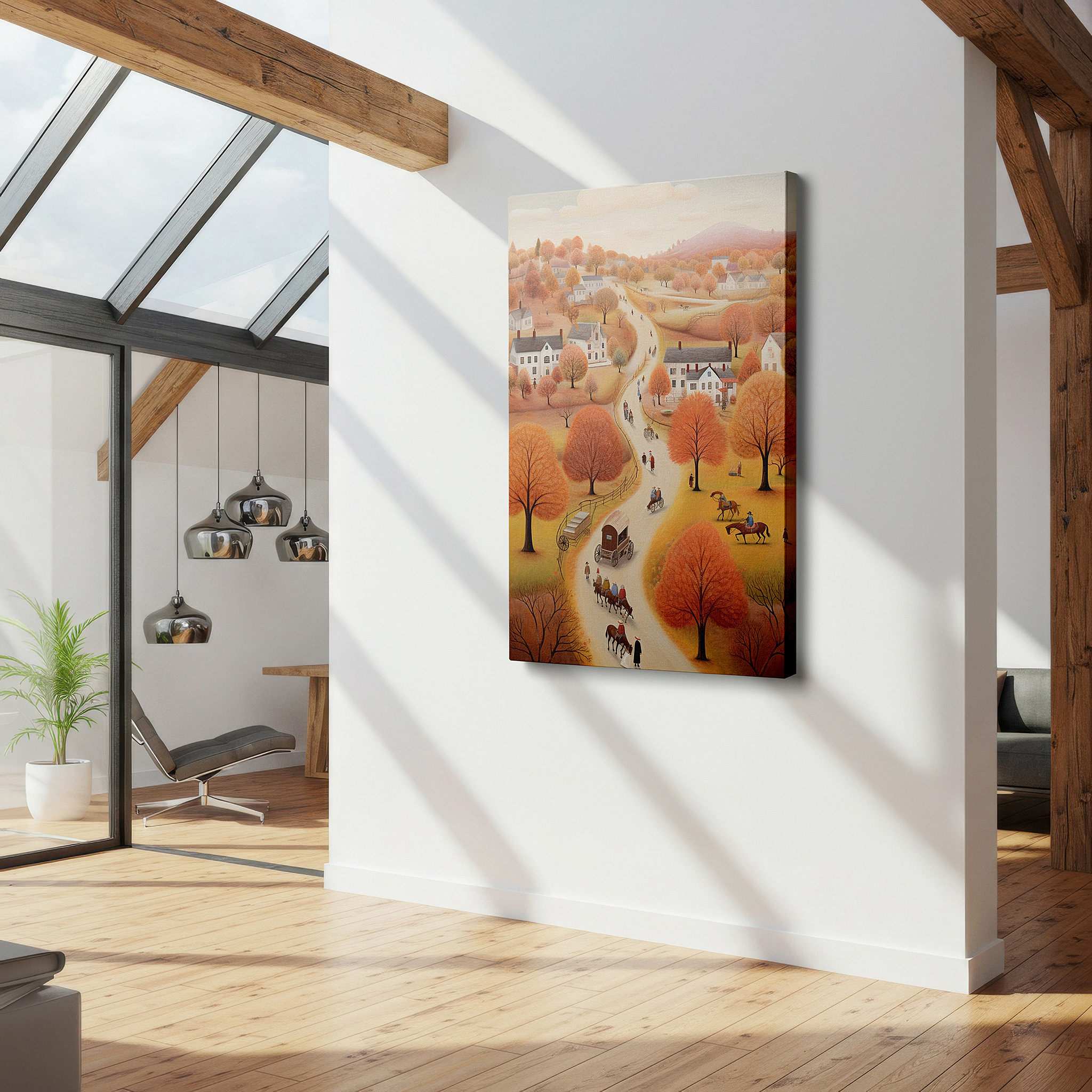 The 75×50 cm version anchors medium rooms without dominating them — autumn embrace in a quaint village: a rustic journey through vibrant fall colors and charming village life - large wall art, canvas wall art, wall art