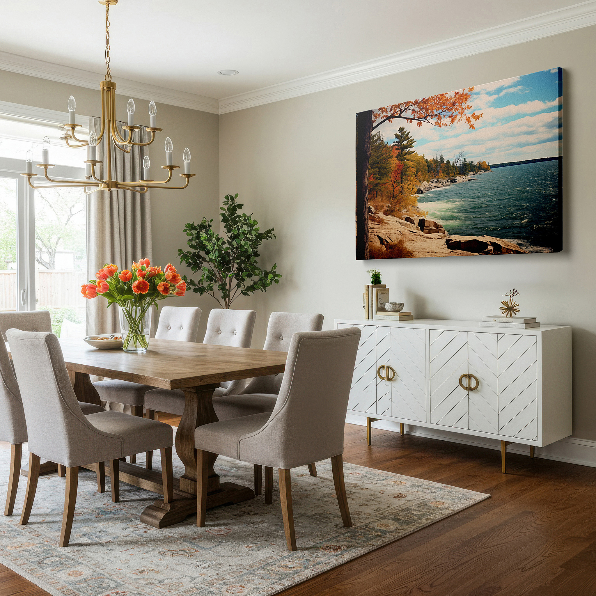 The 75×50 cm version anchors medium rooms without dominating them — autumnal serenity by the lake: vibrant foliage and tranquil waters under a clear blue sky - large wall art, canvas wall art, wall decor for office