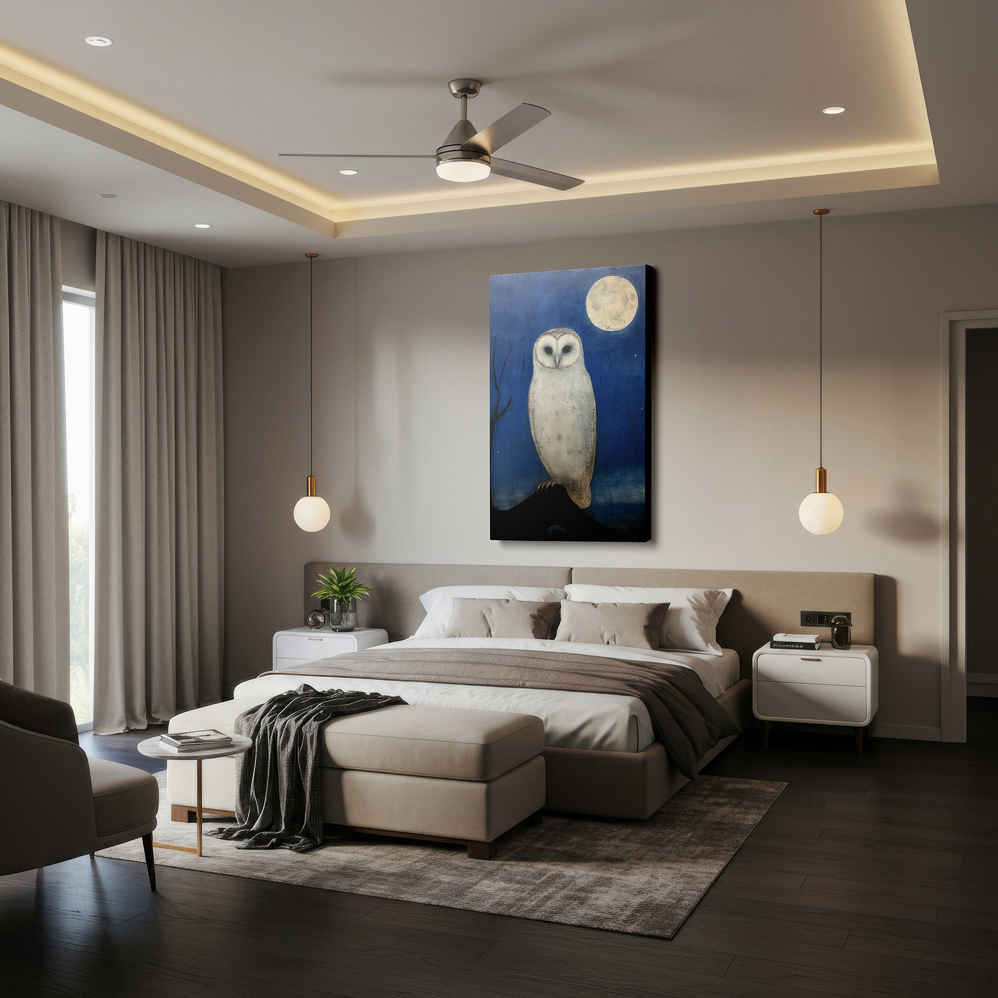 The 75×50 cm version anchors medium rooms without dominating them — barn owl under a bright moon large canvas wall art, symbolizing peace and solitude, ideal for office decor