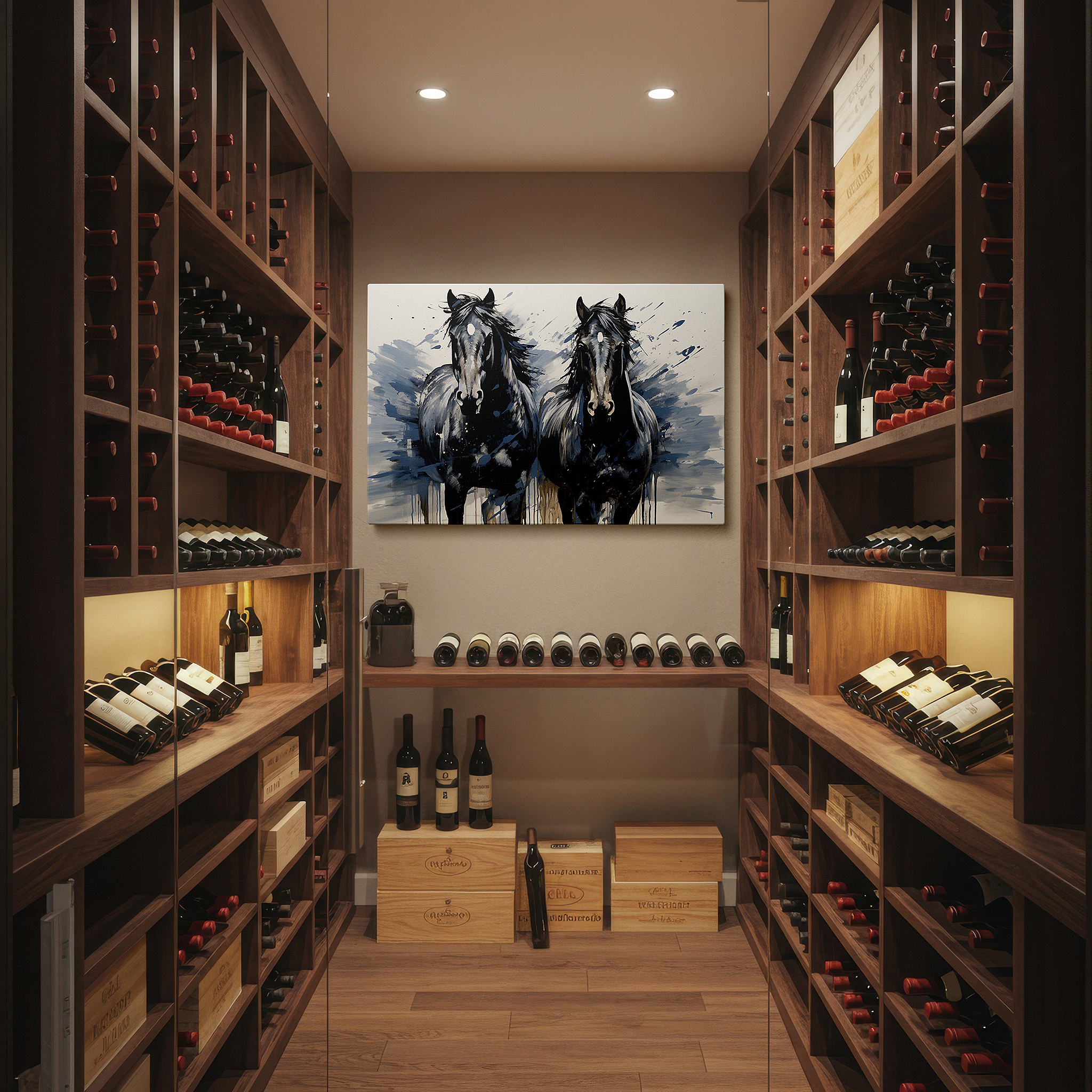 The 75×50 cm version anchors medium rooms without dominating them — black horses in motion: celebrating power and grace - large canvas wall art for office and bedroom decor