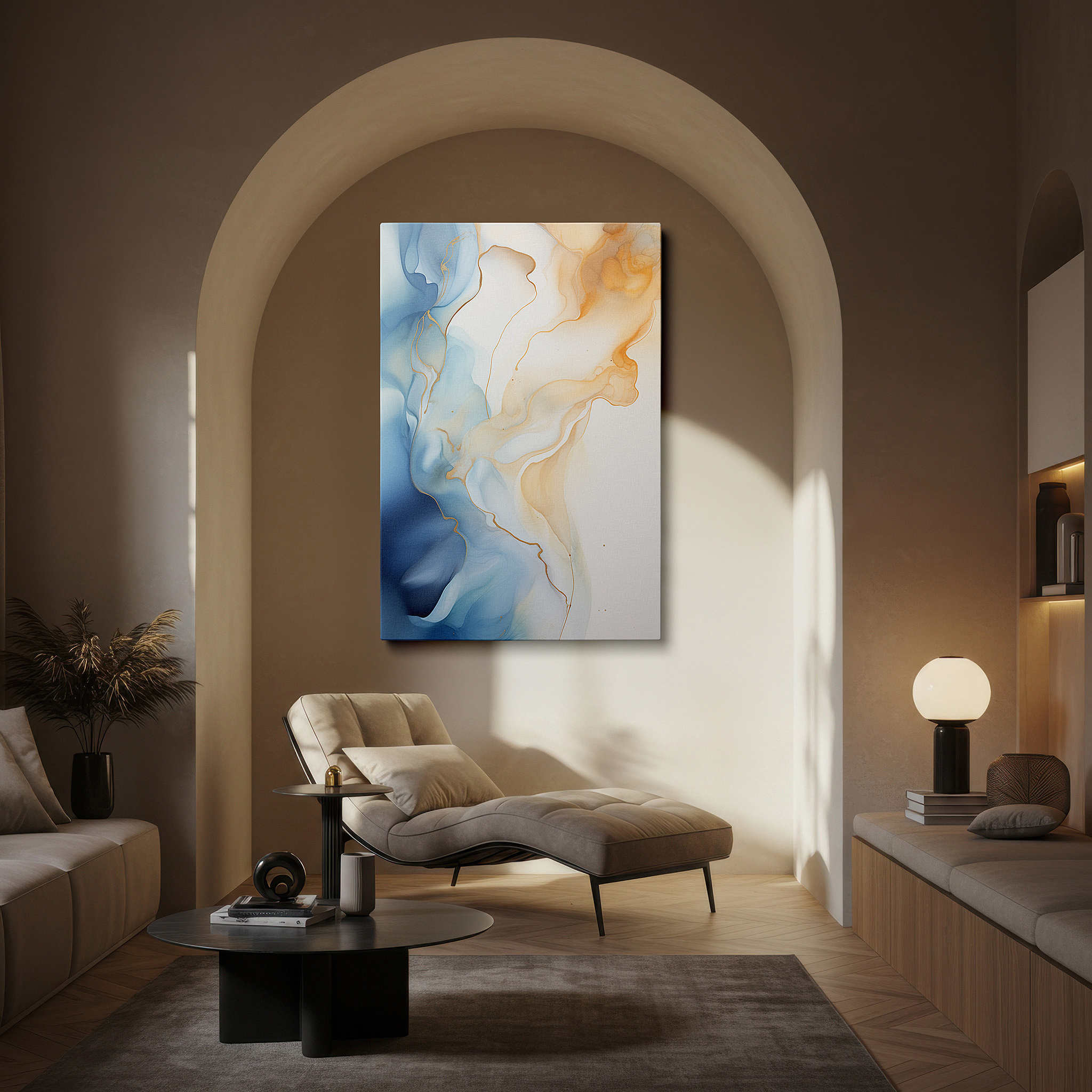 The 75×50 cm version anchors medium rooms without dominating them — blue and gold symphony of serenity: a visual journey of emotion and elegance - large canvas wall art for office decor