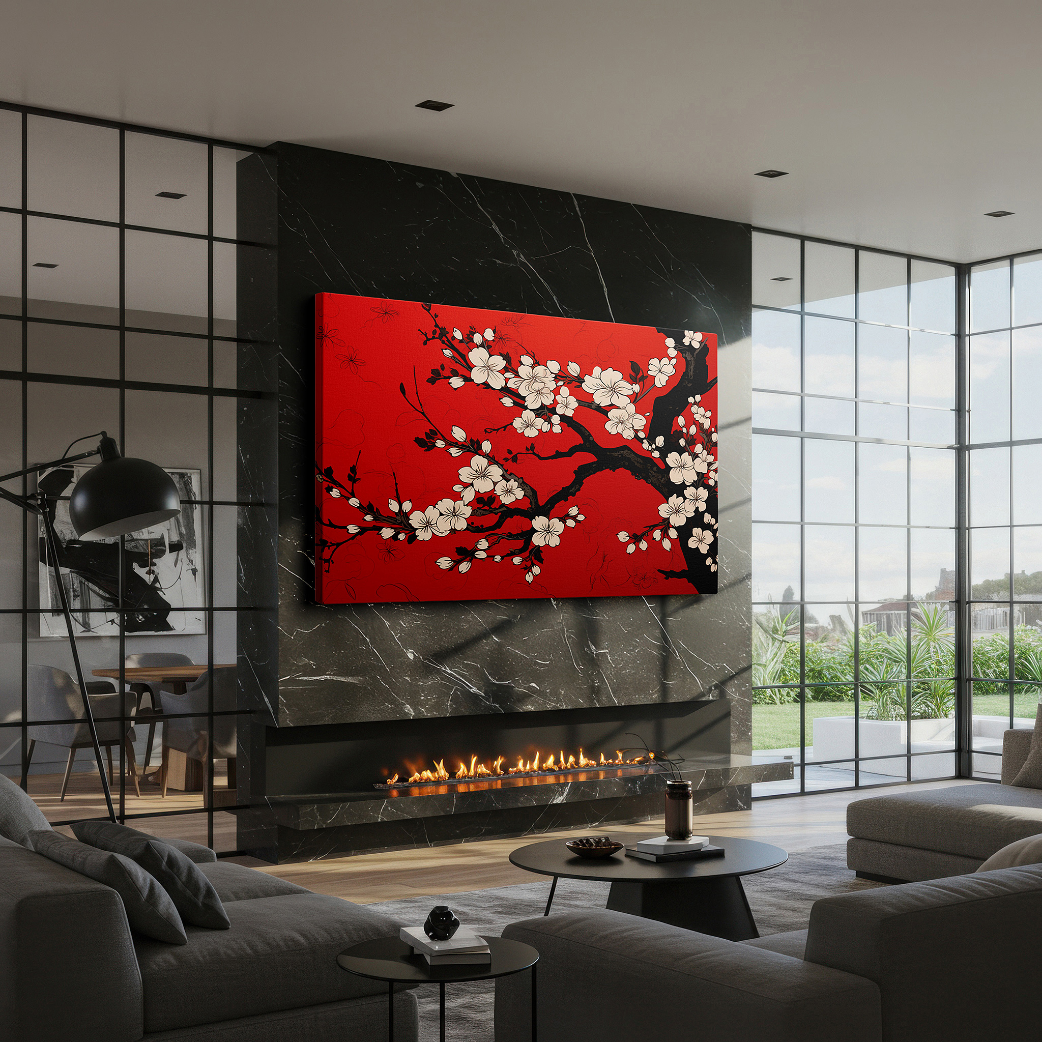 The 75×50 cm version anchors medium rooms without dominating them — cherry blossoms of renewal on vibrant red background large canvas wall art for office and bedroom decor