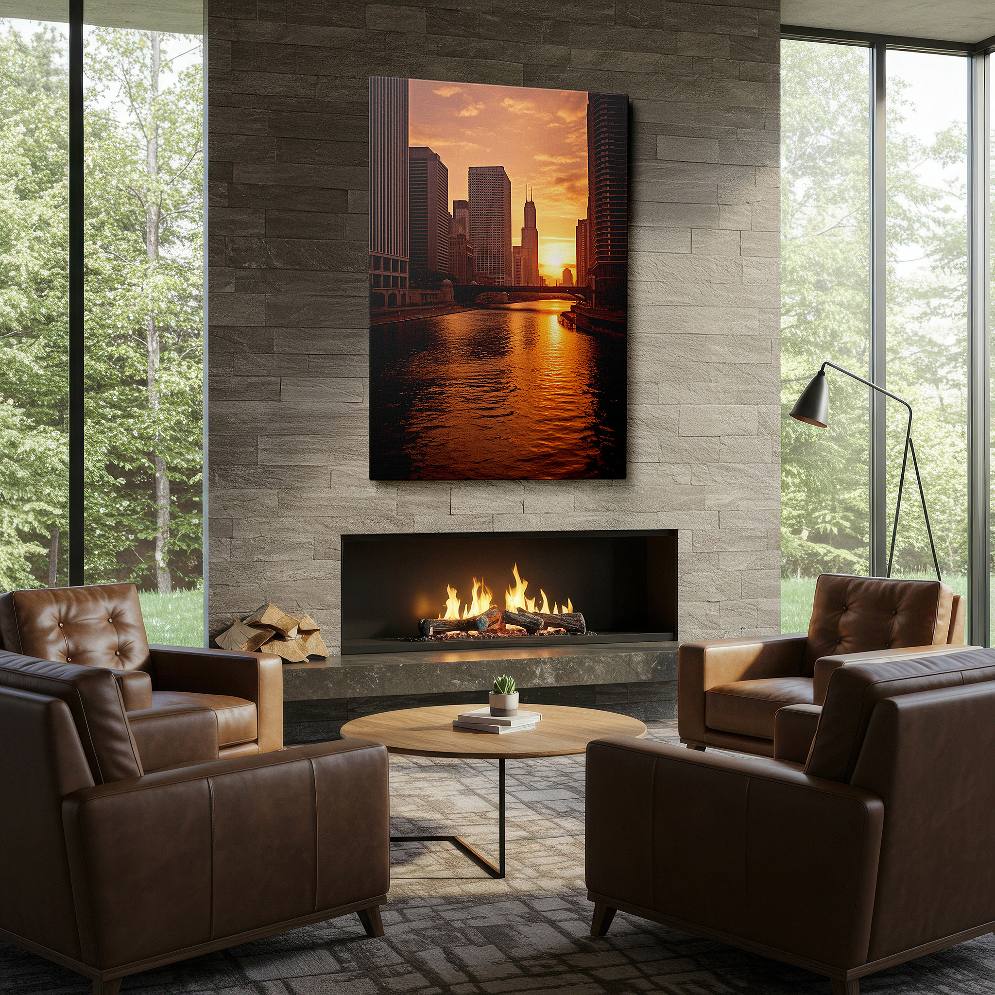 The 75×50 cm version anchors medium rooms without dominating them — chicago river sunset - golden cityscape silhouette with vibrant skies large wall art, canvas wall art, wall decor for office and bedroom