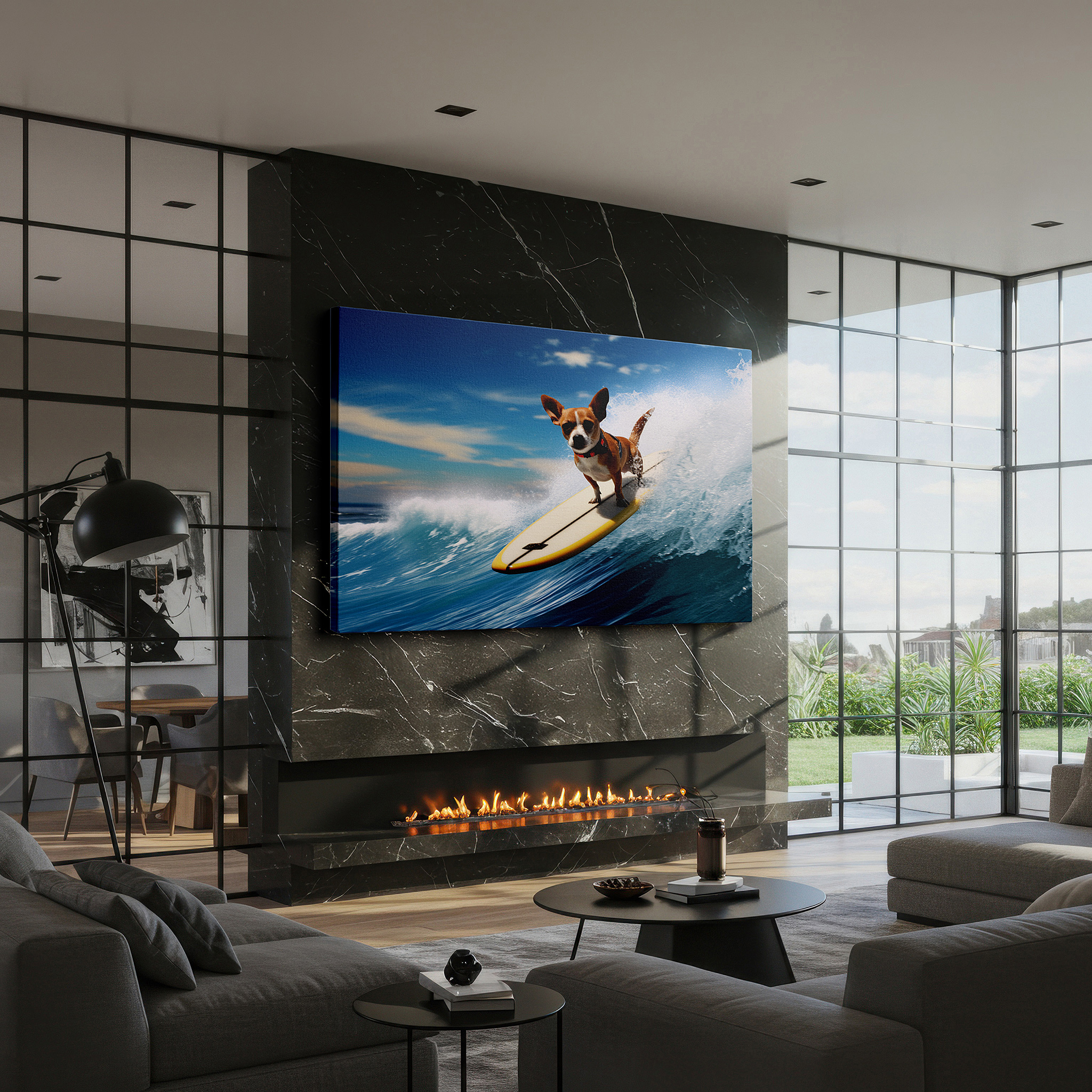The 75×50 cm version anchors medium rooms without dominating them — chihuahua surfing on a yellow board among blue waves - large canvas wall art for office, bedroom, and living room decor