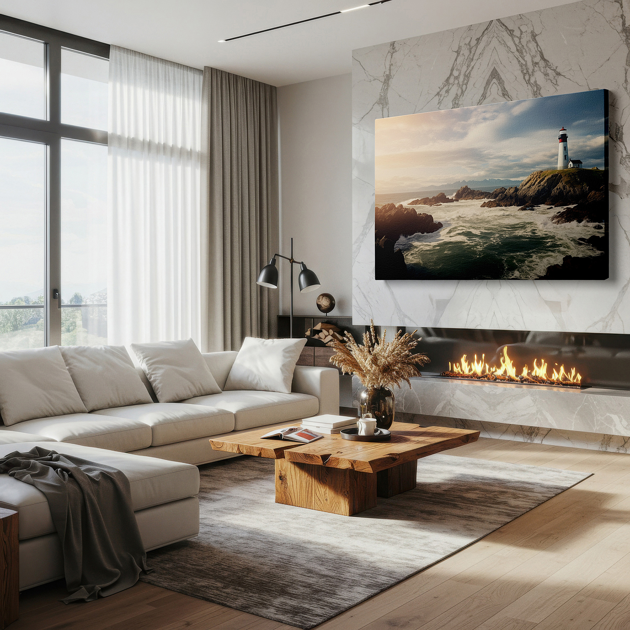 The 75×50 cm version anchors medium rooms without dominating them — coastal lighthouse on cliffs at sunset large canvas wall art for office and bedroom decor