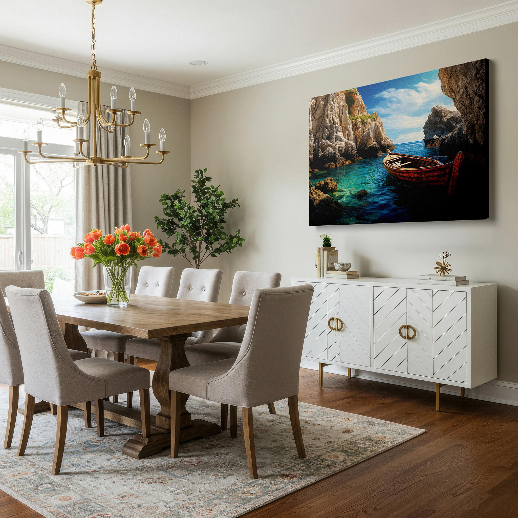 The 75×50 cm version anchors medium rooms without dominating them — coastal serenity wall art featuring weathered boat and textured cliffs - large canvas for home and office decor, perfect for living rooms and bedrooms